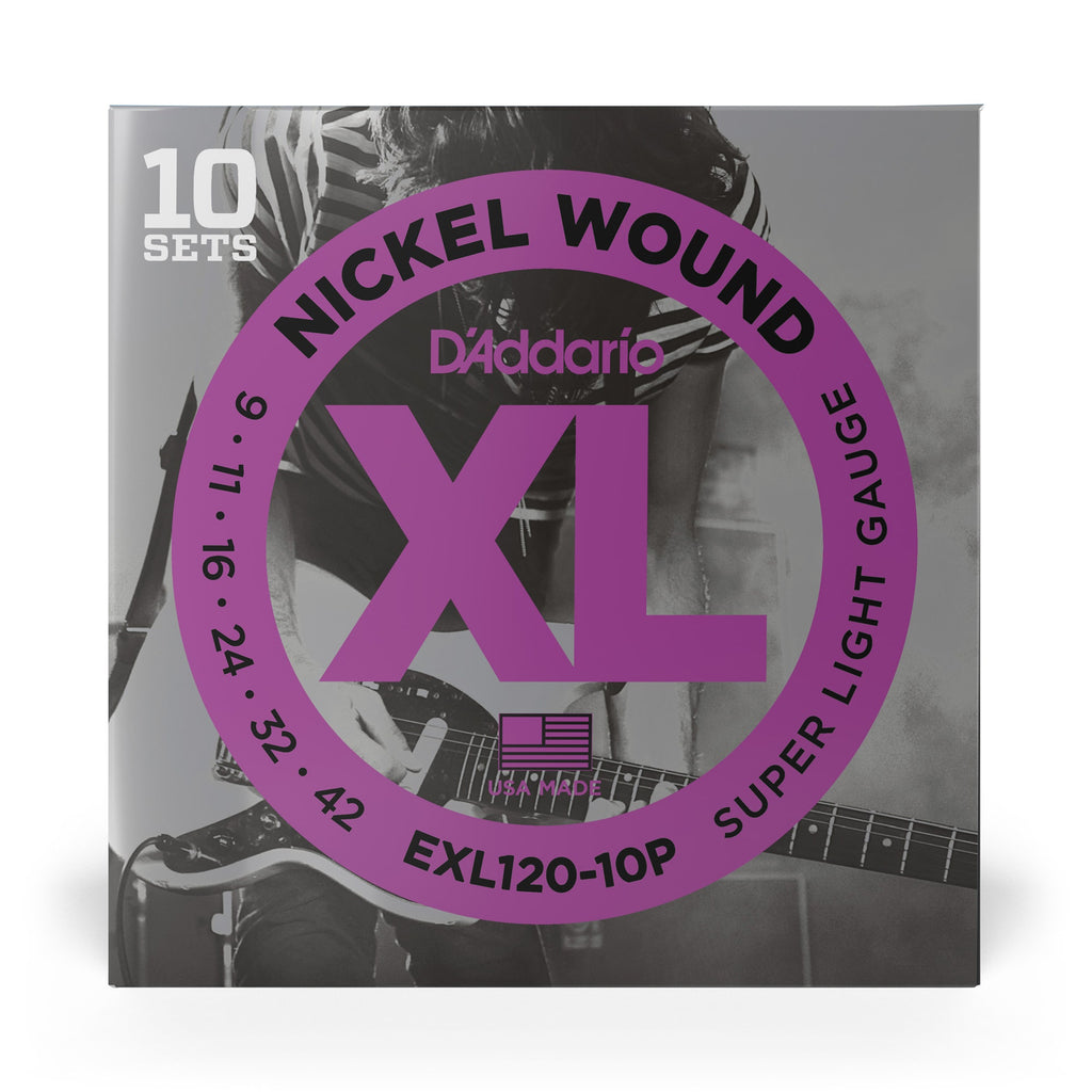 10 Sets of D'Addario EXL120 Nickel Wound Super Light Electric Guitar Strings Pack (9-42)