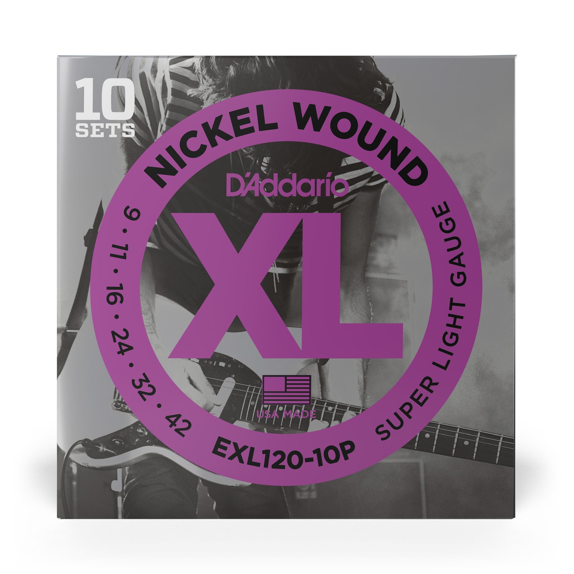 10 Sets of D'Addario EXL120 Nickel Wound Super Light Electric Guitar Strings Pack (9-42)
