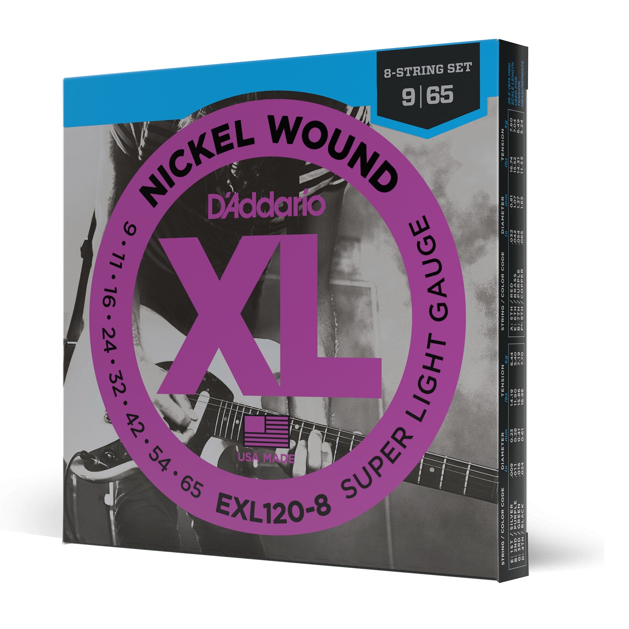 D'Addario EXL120-8 Nickel Wound 8-String Super Light Electric Guitar Strings (9-65)