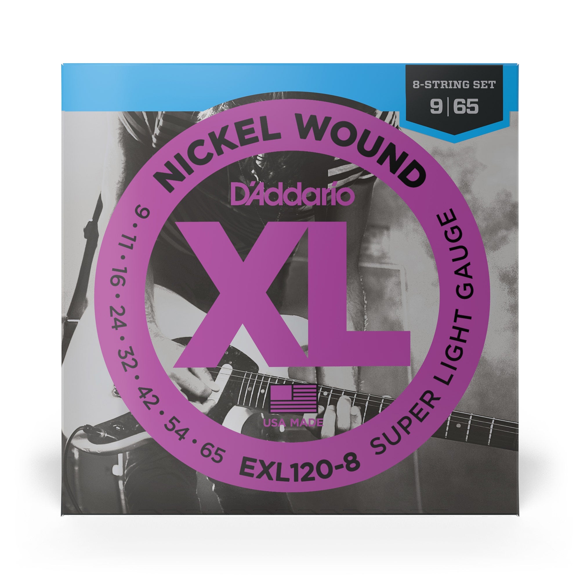 D'Addario EXL120-8 Nickel Wound 8-String Super Light Electric Guitar Strings (9-65)