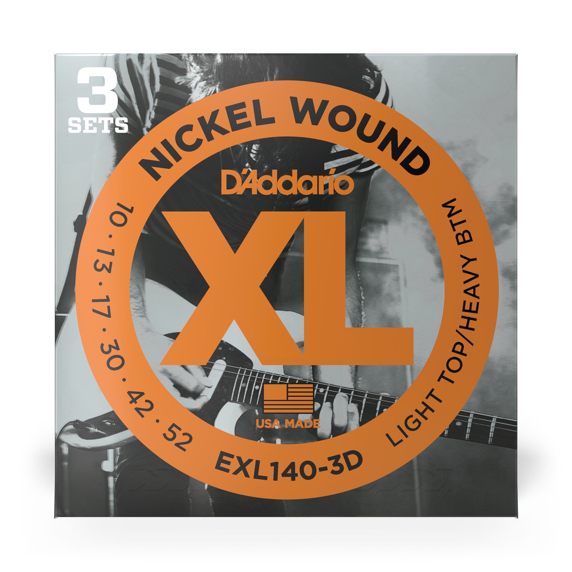 3 Sets of D'Addario EXL140 Nickel Wound Light Top/Heavy Bottom Electric Guitar Strings (10-52)