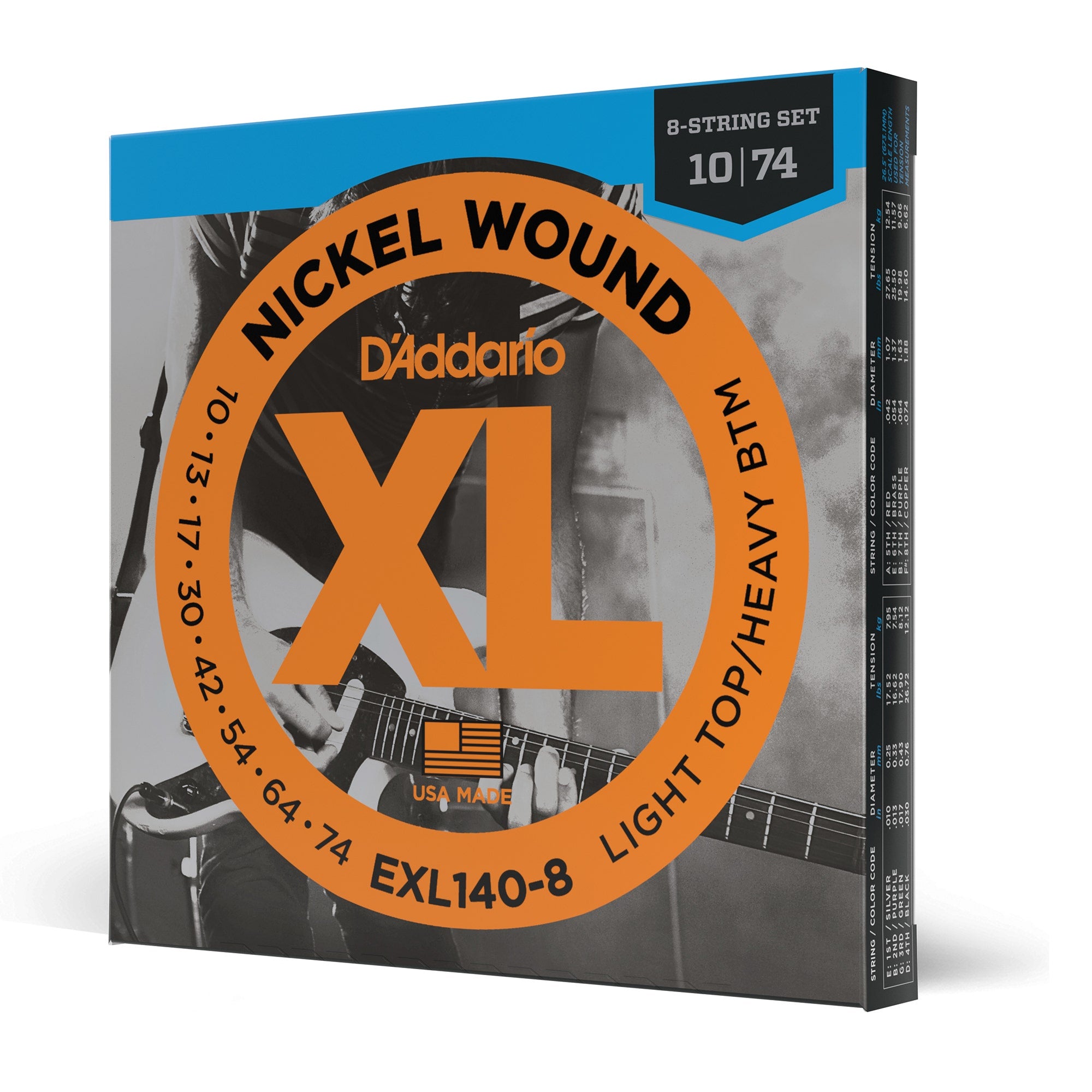 D'Addario EXL140-8 Nickel Wound 8-String Light Top/Heavy Bottom Electric Guitar Strings (10-74)
