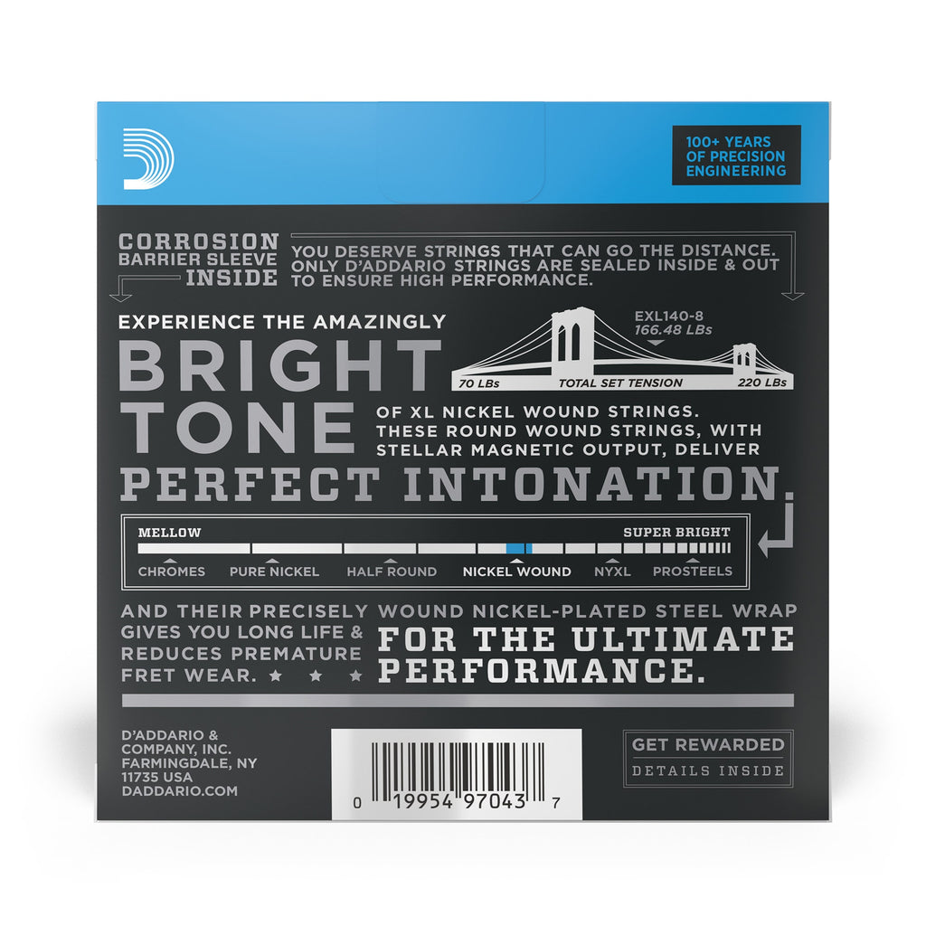 D'Addario EXL140-8 Nickel Wound 8-String Light Top/Heavy Bottom Electric Guitar Strings (10-74)
