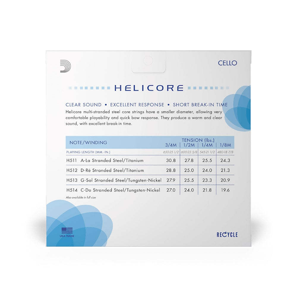 D'Addario H510 1/8M Helicore Cello String Set, 1/8 Scale, Medium Tension