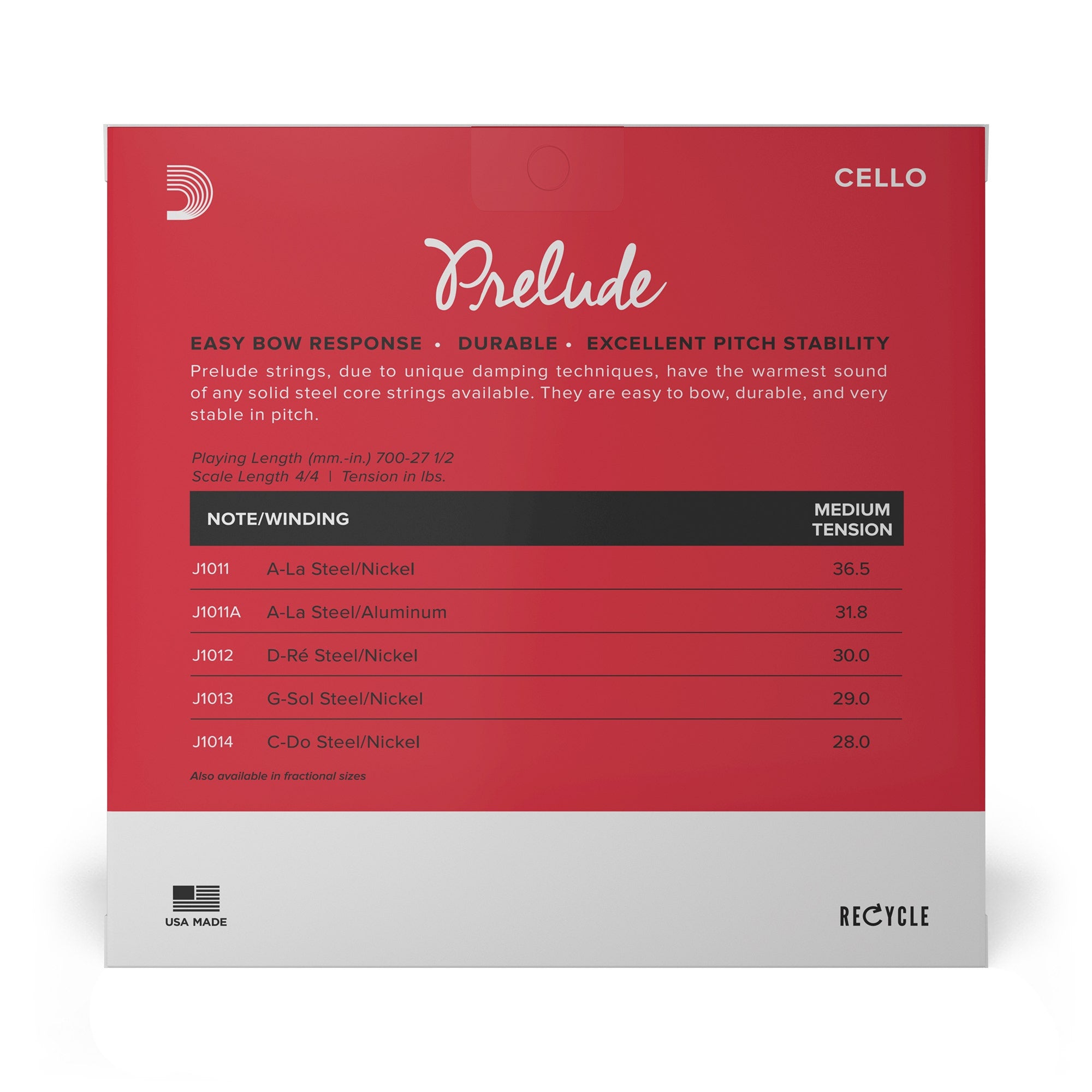 D'Addario J1010 4/4M Prelude Cello String Set, 4/4 Scale, Medium Tension