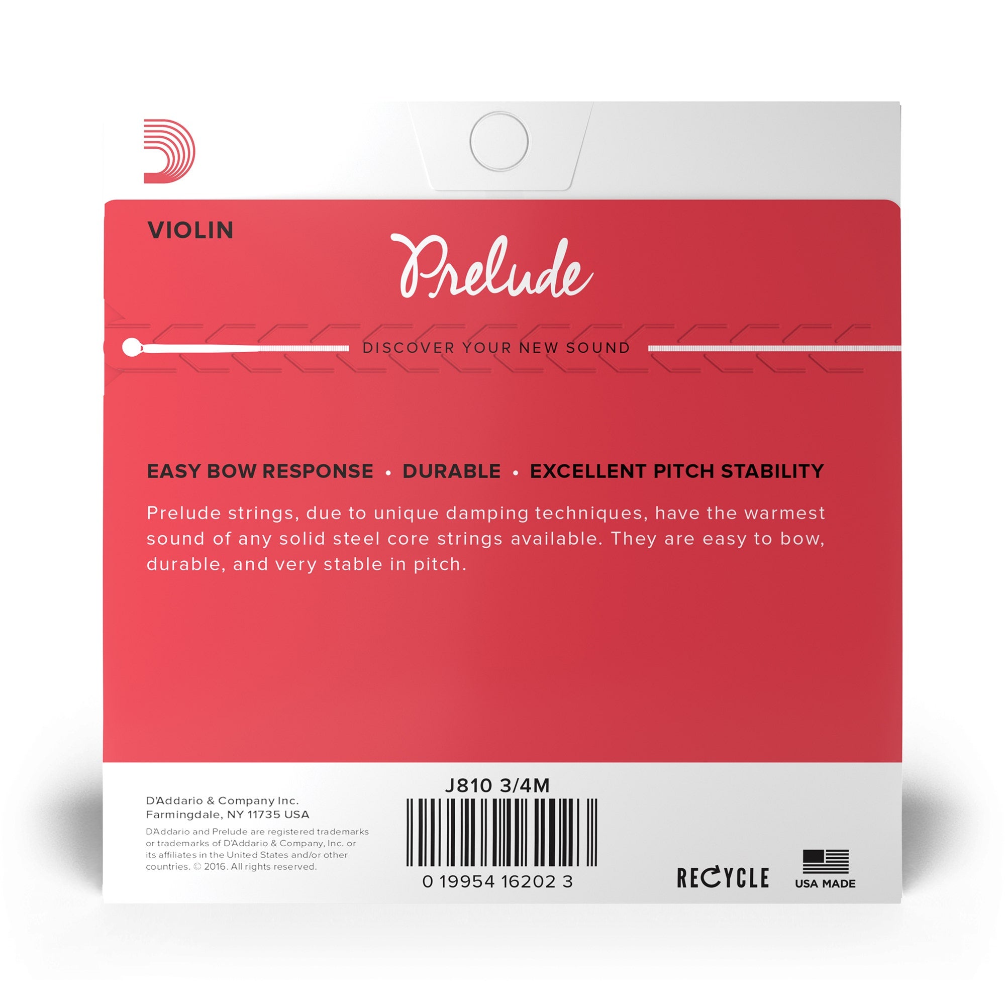 D'Addario J810 3/4M Prelude Violin String Set, 3/4 Scale, Medium Tension