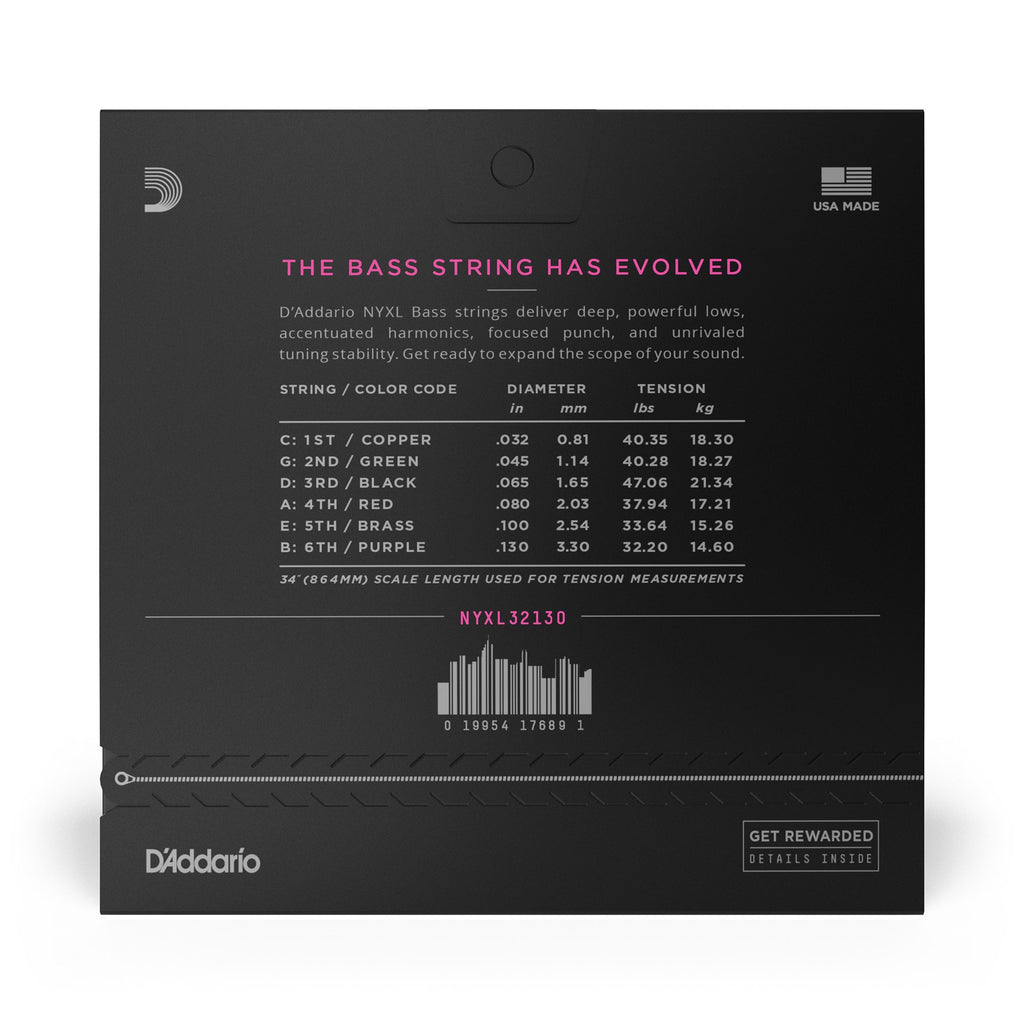 D'Addario NYXL 32130 Long Scale Regular Light 6-String Bass Strings (32-130)