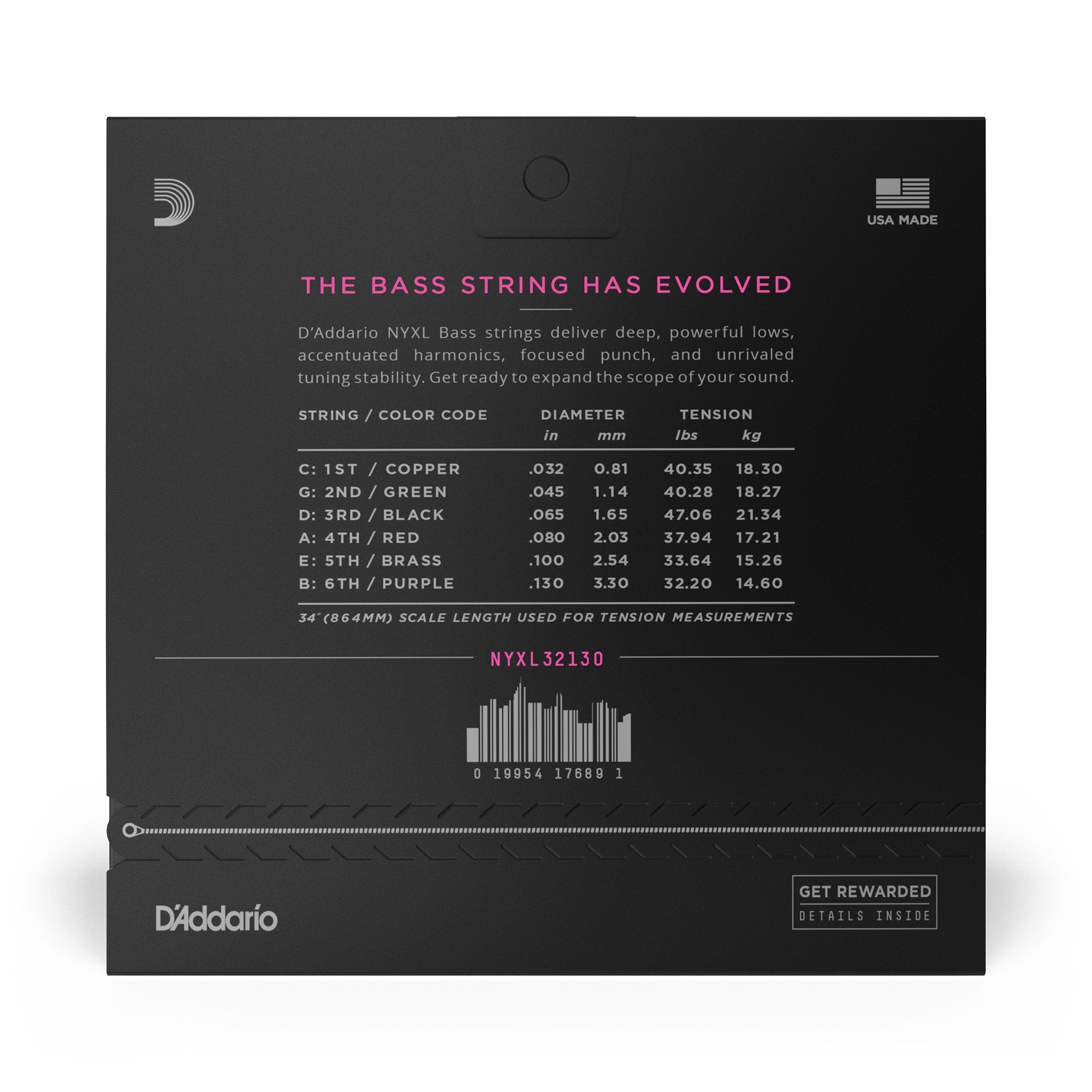 D'Addario NYXL 32130 Long Scale Regular Light 6-String Bass Strings (32-130)
