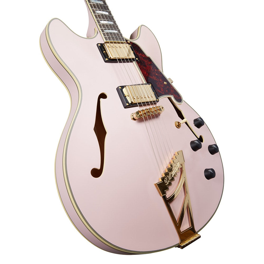 D'Angelico Guitars DADDCMPKGTCB Deluxe DC Electric Guitar, Stairstep Tailpiece, Matte Rose Pink