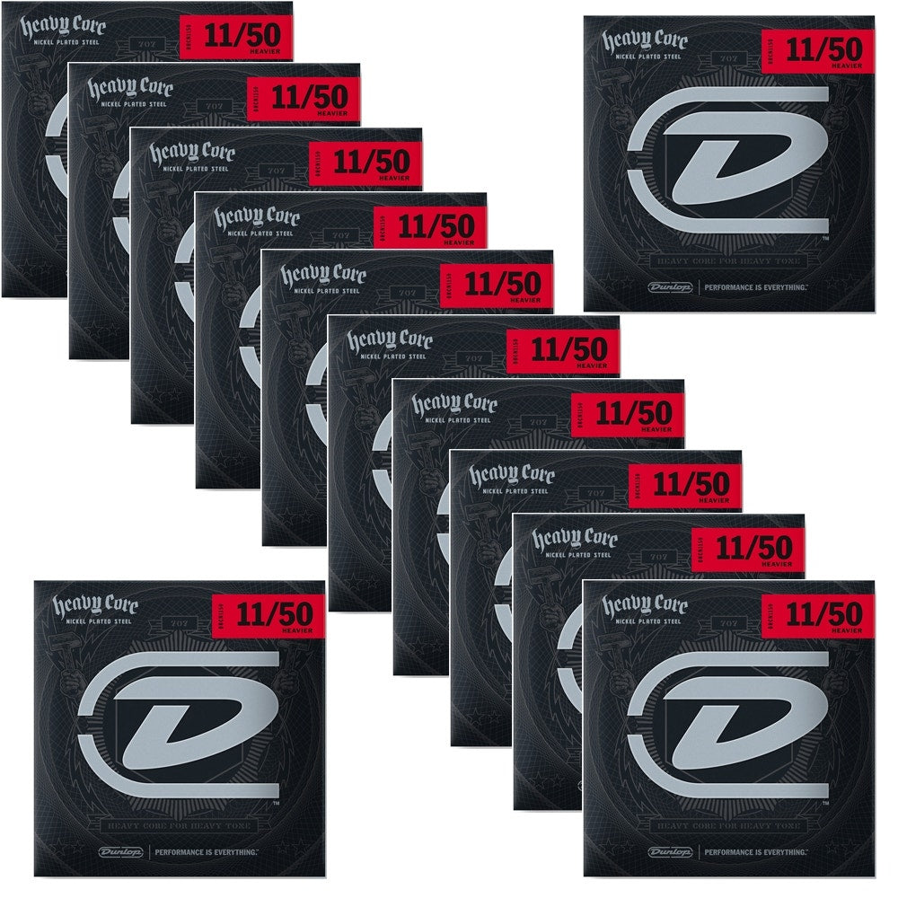 12 Sets of Dunlop DHCN1150 Heavy Core Nickel Plated Steel Electric Guitar Strings, Heavier (11-50)
