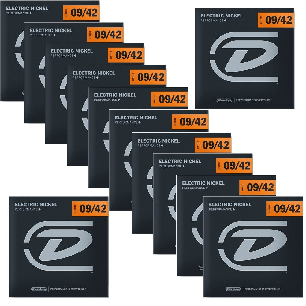 12 Sets of Dunlop DEN0942 Nickel Plated Steel Light Electric Guitar Strings (09-42)