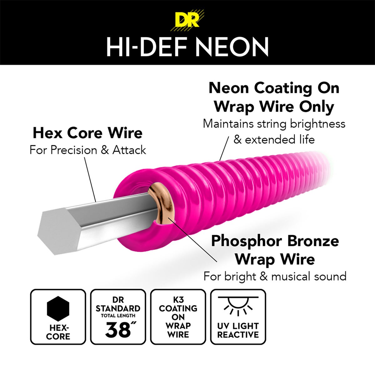 DR Strings Hi-Def Neon Multi-Color Colored Acoustic Guitar Strings: Extra Light 10-48