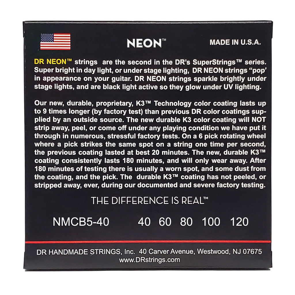 DR Strings Hi-Def Neon Multi-Color Colored Bass Strings: 5-String Light 40-120