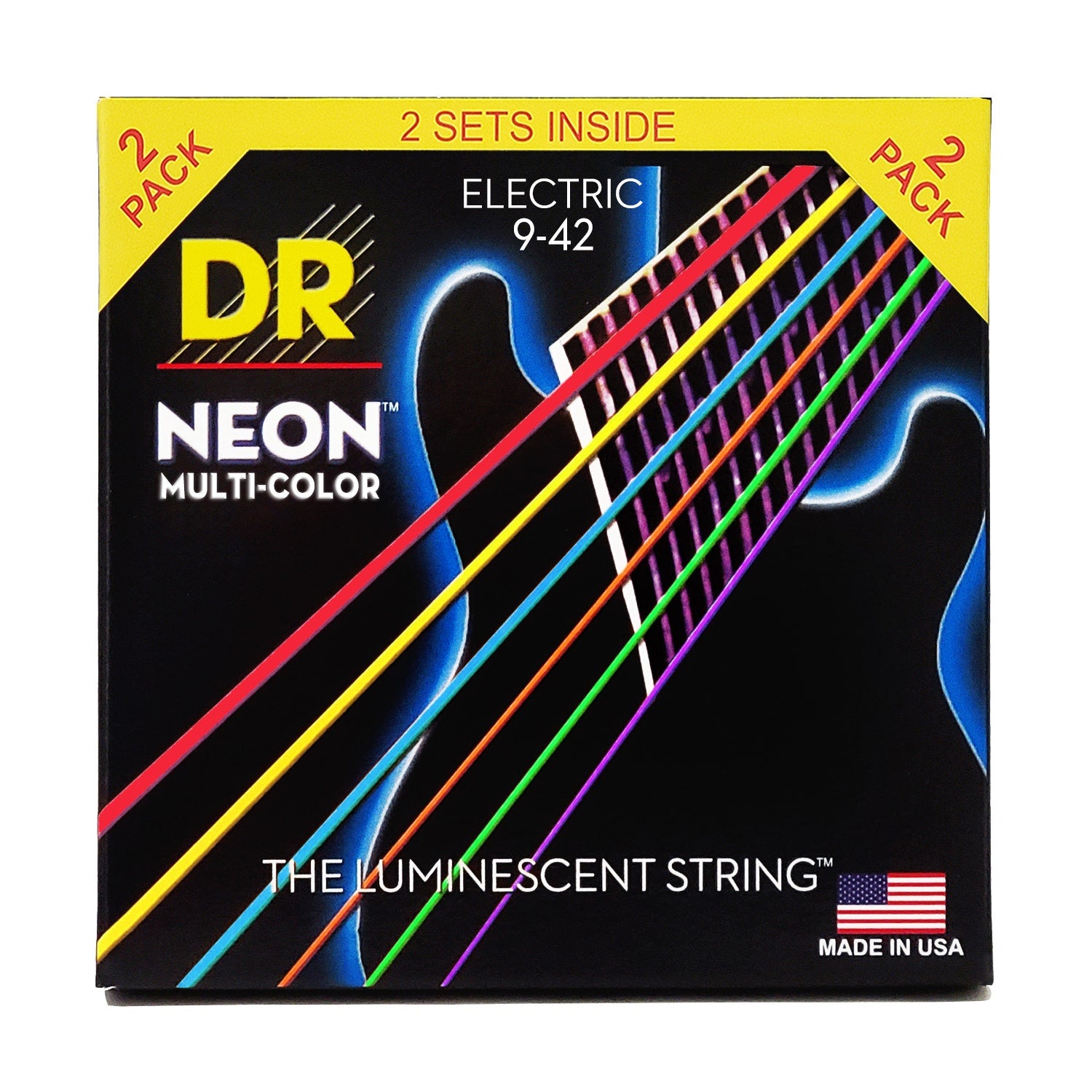 DR Strings Hi-Def Neon Multi-Color Colored Electric Guitar Strings: Light 9-42 (2-Pack)