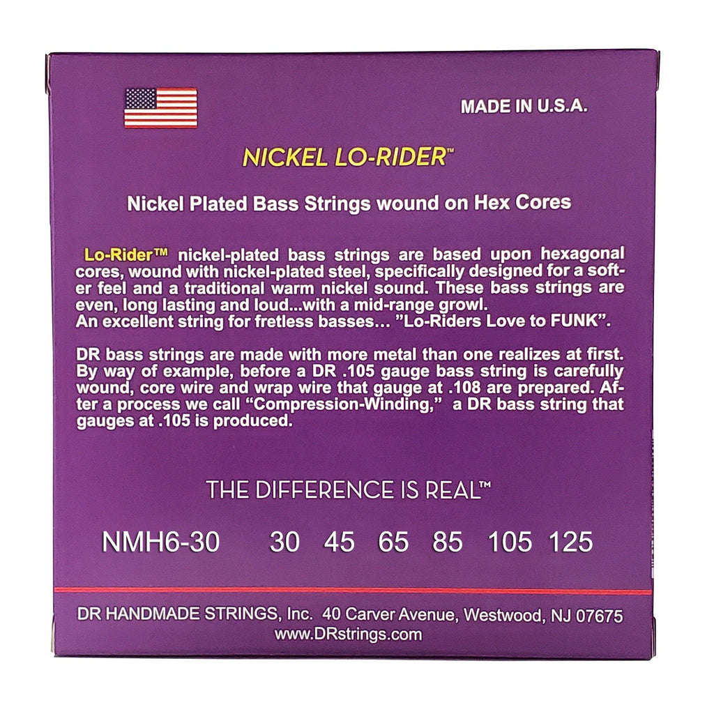 DR Strings Nickel Lo-Rider Nickel Plated Bass Strings: 6-String Medium 30-125