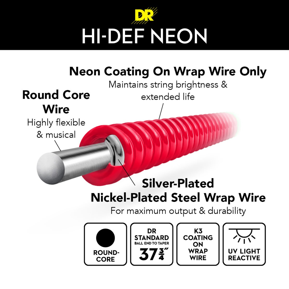 DR Strings Hi-Def Neon Red Colored Bass Strings: Light 40-100