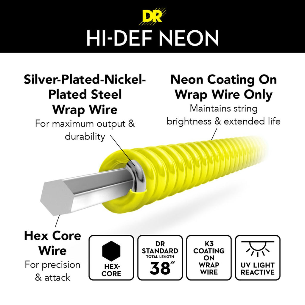 DR Strings Hi-Def Neon Yellow Colored Electric Guitar Strings: Light 9-42