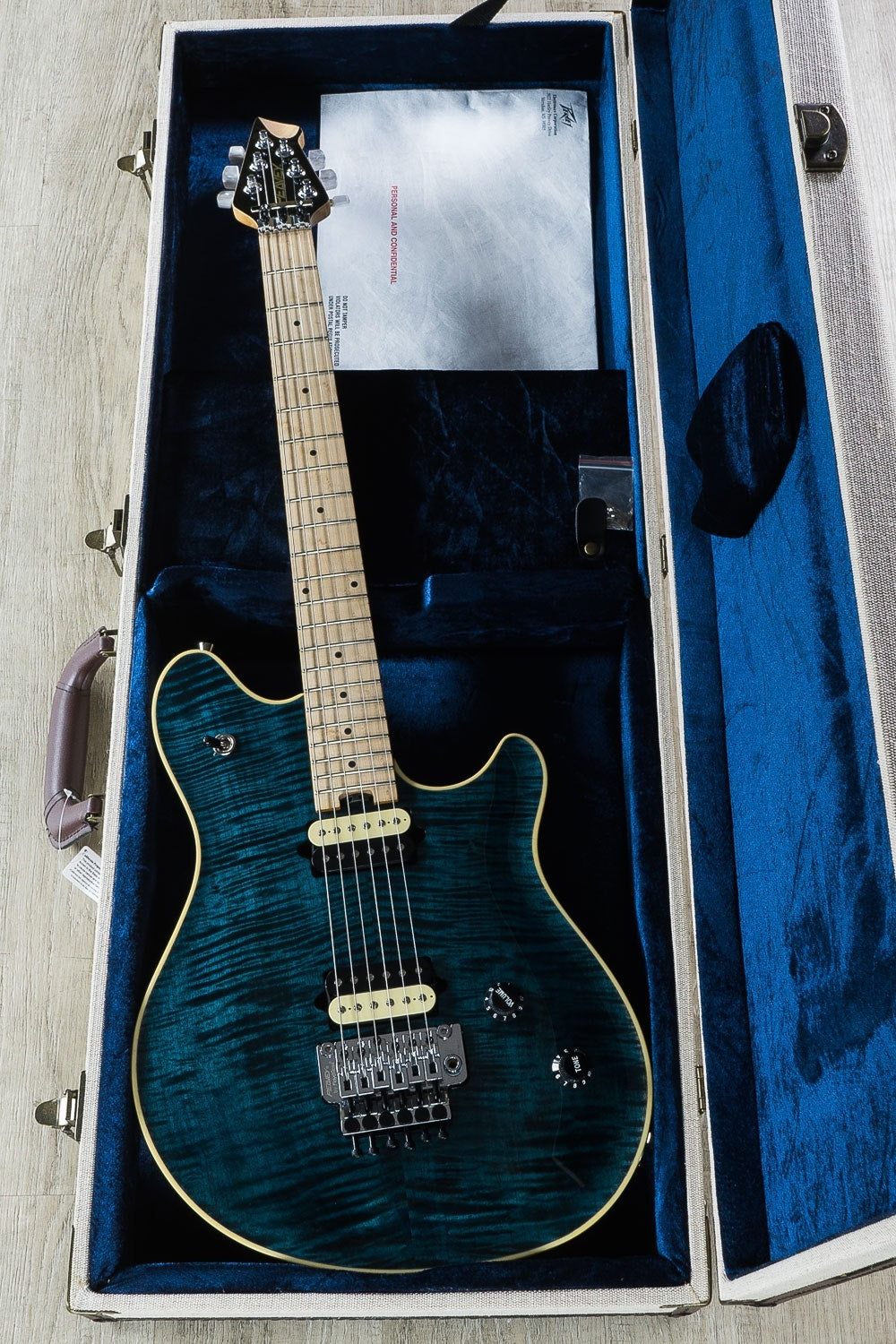Peavey HP2 Electric Guitar, Flamed Maple Top, Birdseye Maple Fingerboard, Case - Cyan