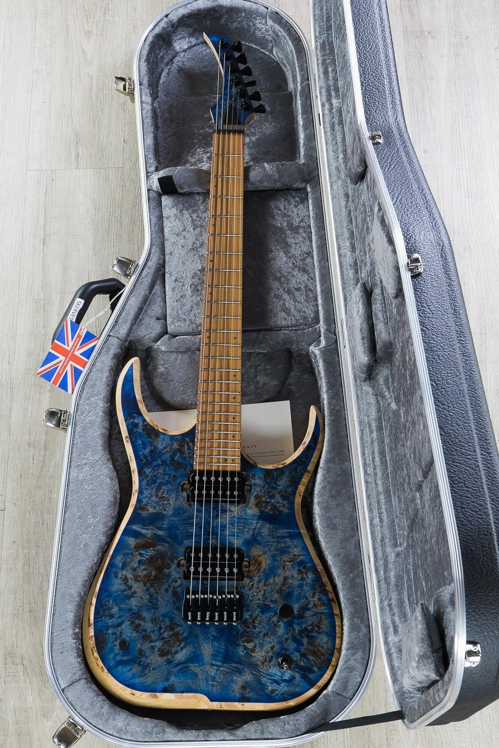 Skervesen Raptor 6 Electric Guitar, Poplar Burl Top, Rosewood Santos Fretboard, Hard Case - Blue Satin Finish