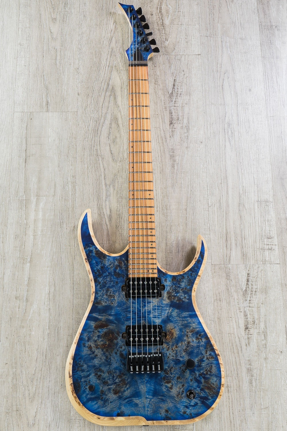 Skervesen Raptor 6 Electric Guitar, Poplar Burl Top, Rosewood Santos Fretboard, Hard Case - Blue Satin Finish