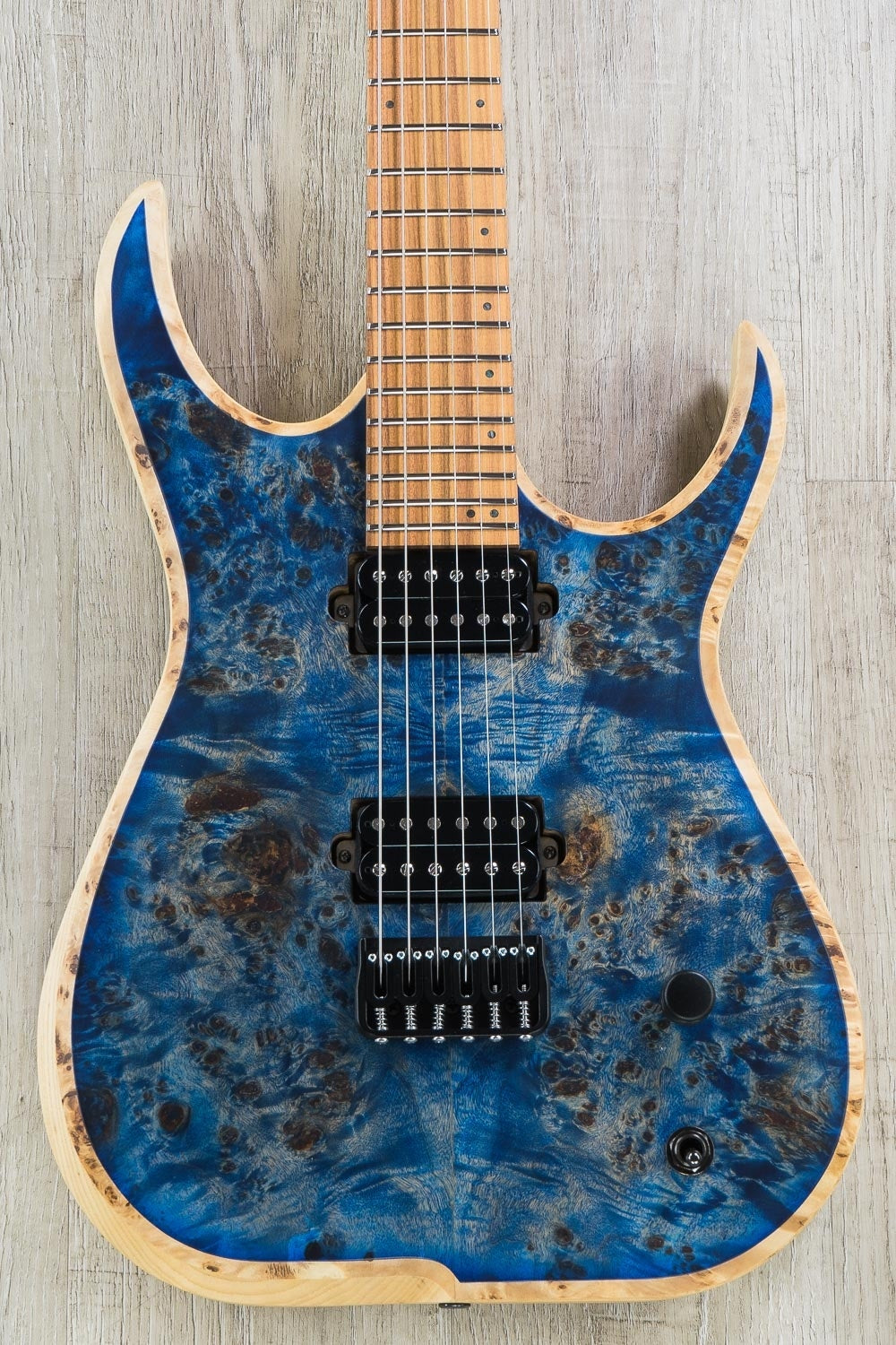 Skervesen Raptor 6 Electric Guitar, Poplar Burl Top, Rosewood Santos Fretboard, Hard Case - Blue Satin Finish