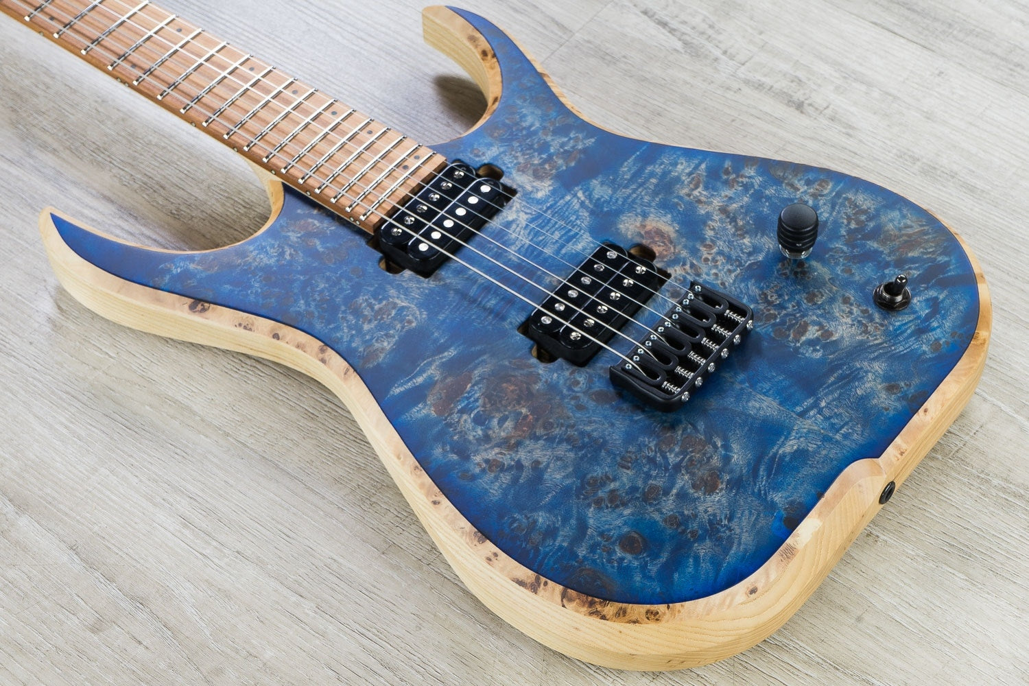 Skervesen Raptor 6 Electric Guitar, Poplar Burl Top, Rosewood Santos Fretboard, Hard Case - Blue Satin Finish