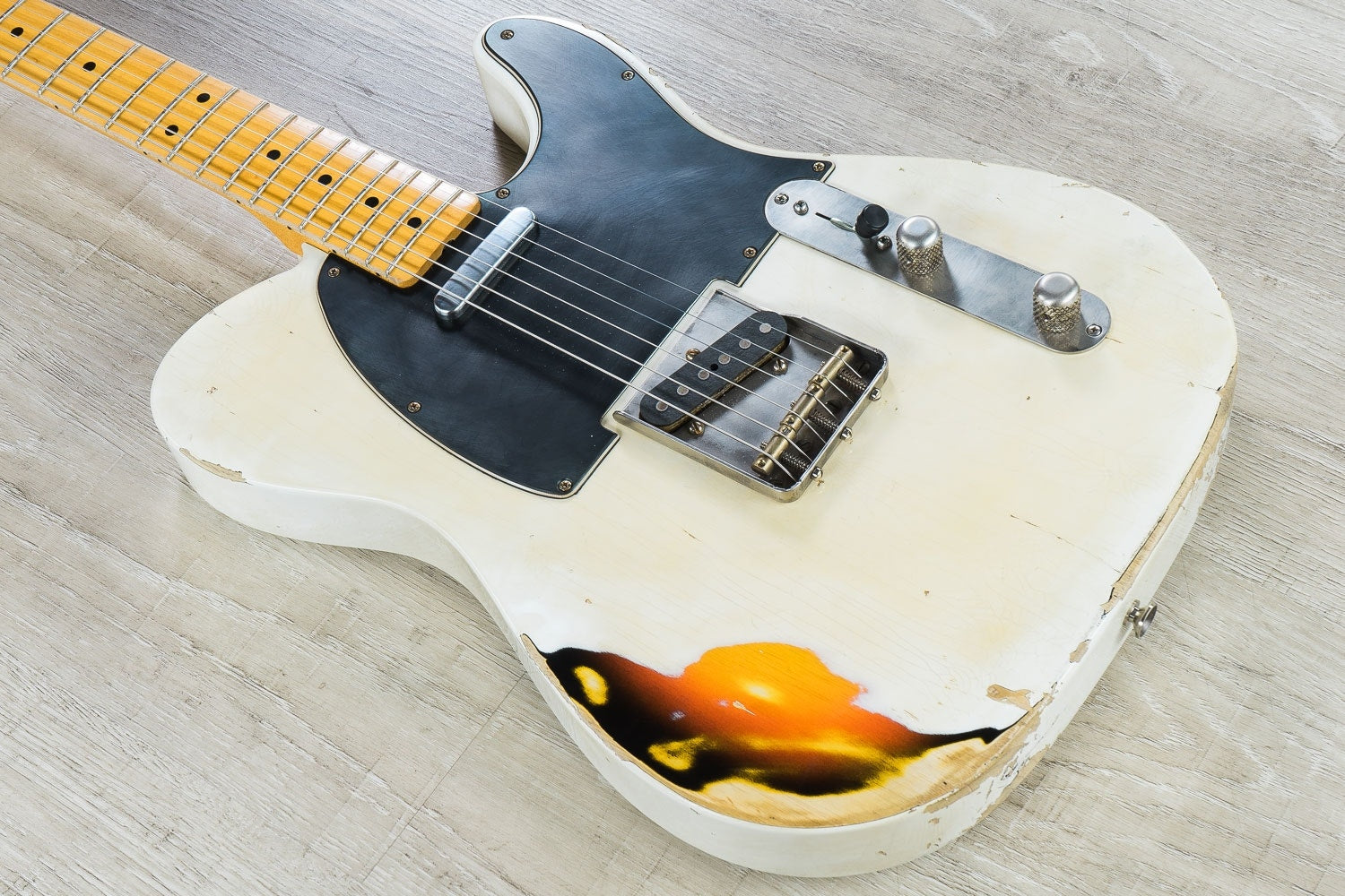 LsL T-Bone Solidbody Electric Guitar - Vintage White over 3-Tone Sunburst with Matching Headstock