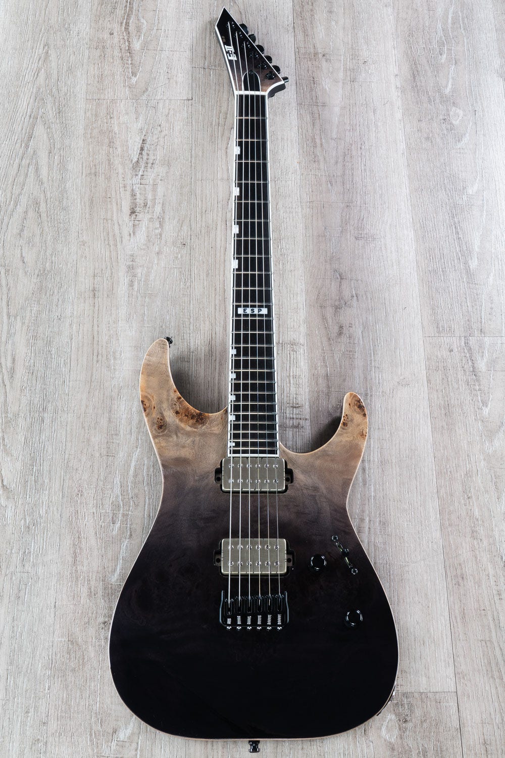 ESP E-II M-II NT Electric Guitar, Buckeye Burl Maple Top, Black Natural Fade (B-STOCK)
