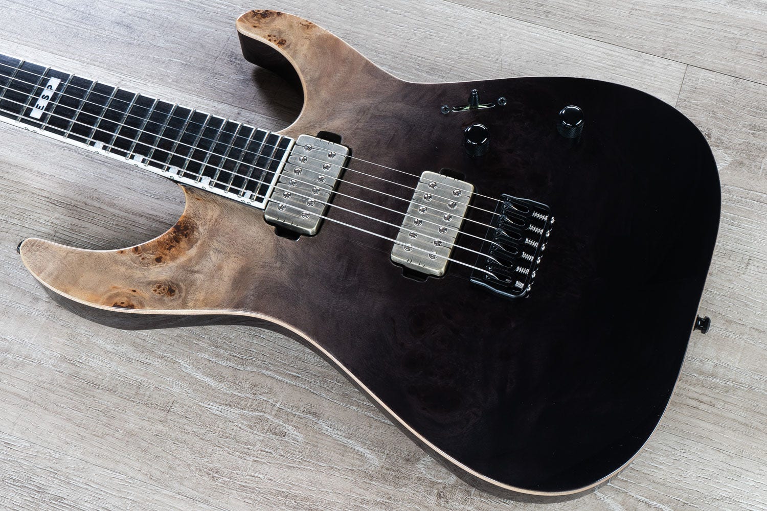 ESP E-II M-II NT Electric Guitar, Buckeye Burl Maple Top, Black Natural Fade (B-STOCK)