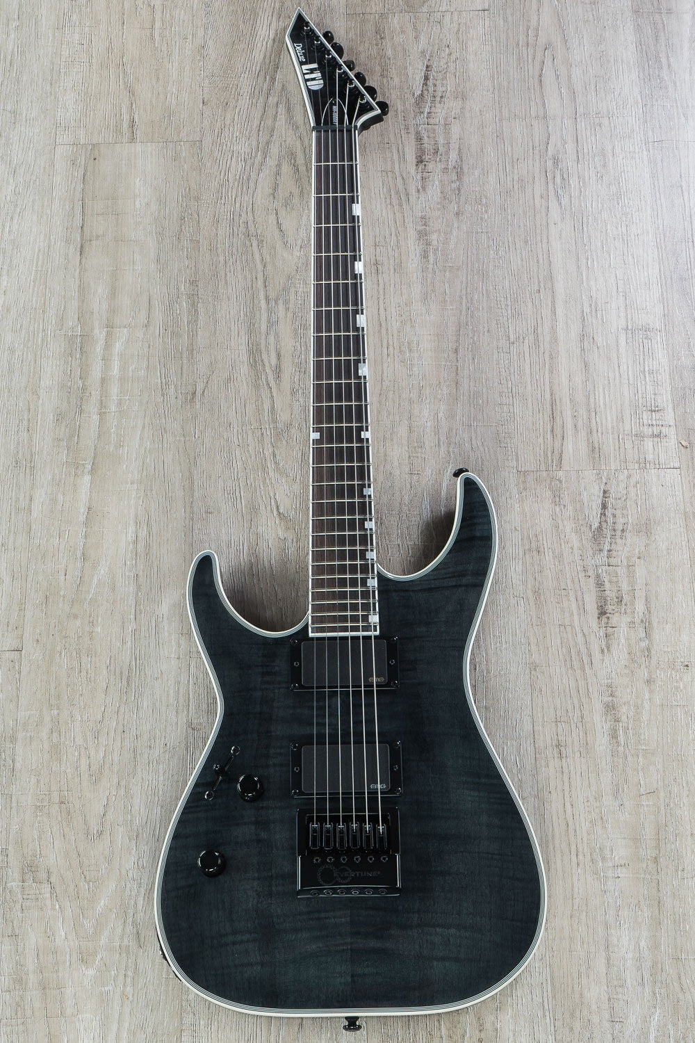 ESP LTD MH-1000 Evertune Left-Handed Electric Guitar, Flamed Maple Top - See Thru Black