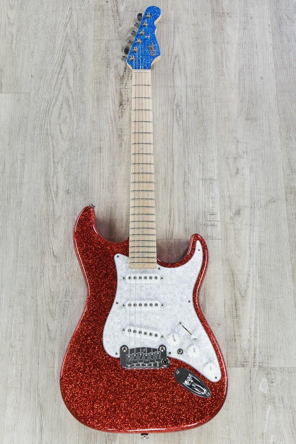 G&L USA S-500 Electric Guitar, Maple Fingerboard, Blue Flake Headstock, Hard Case - Red Metal Flake