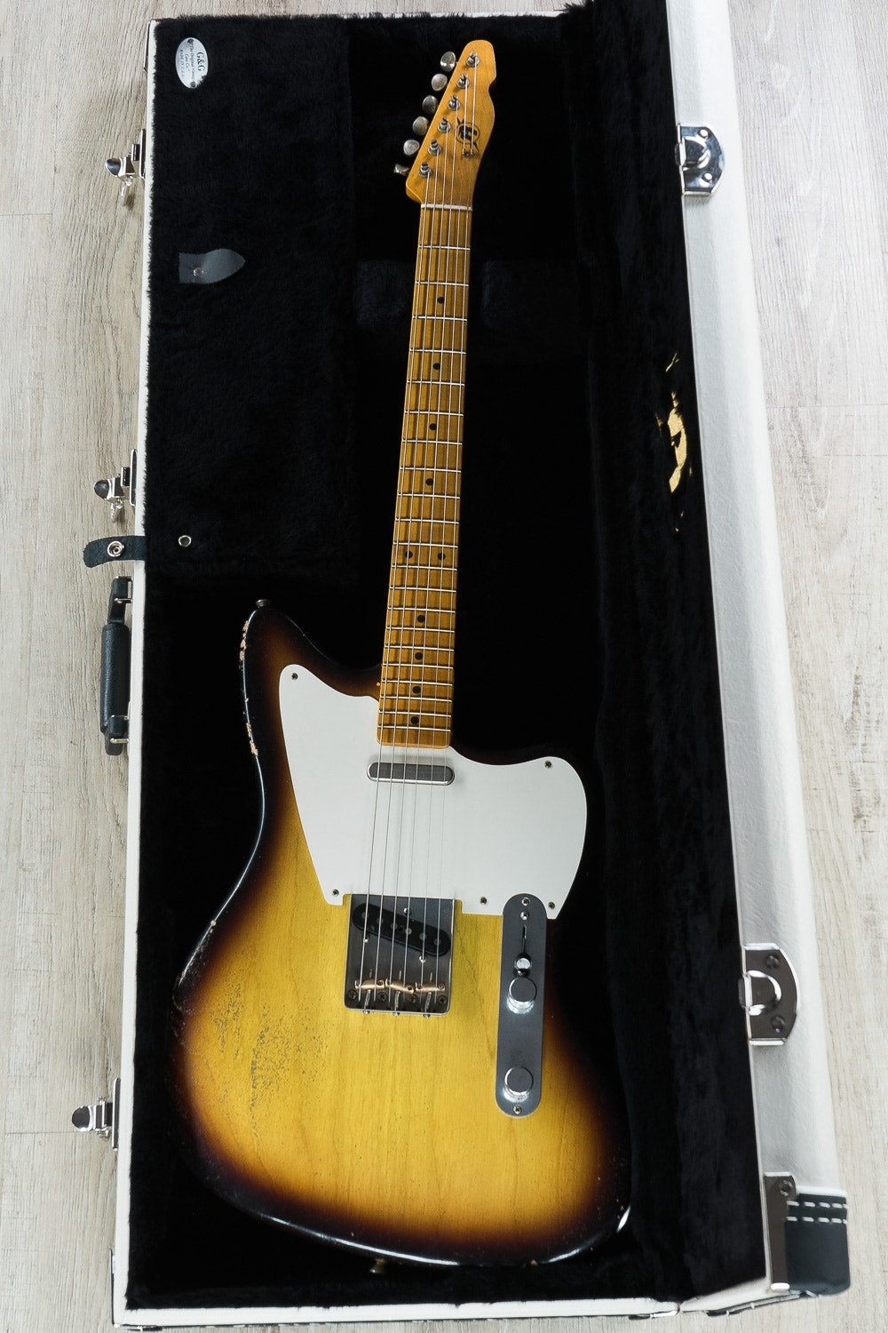 Rock N Roll Relics Jazz Bastard Electric Guitar, Maple Fingerboard, Medium Aged, Hard Case - Two Tone Burst (Tobacco)