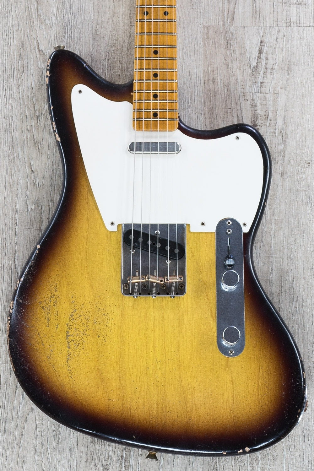 Rock N Roll Relics Jazz Bastard Electric Guitar, Maple Fingerboard, Medium Aged, Hard Case - Two Tone Burst (Tobacco)