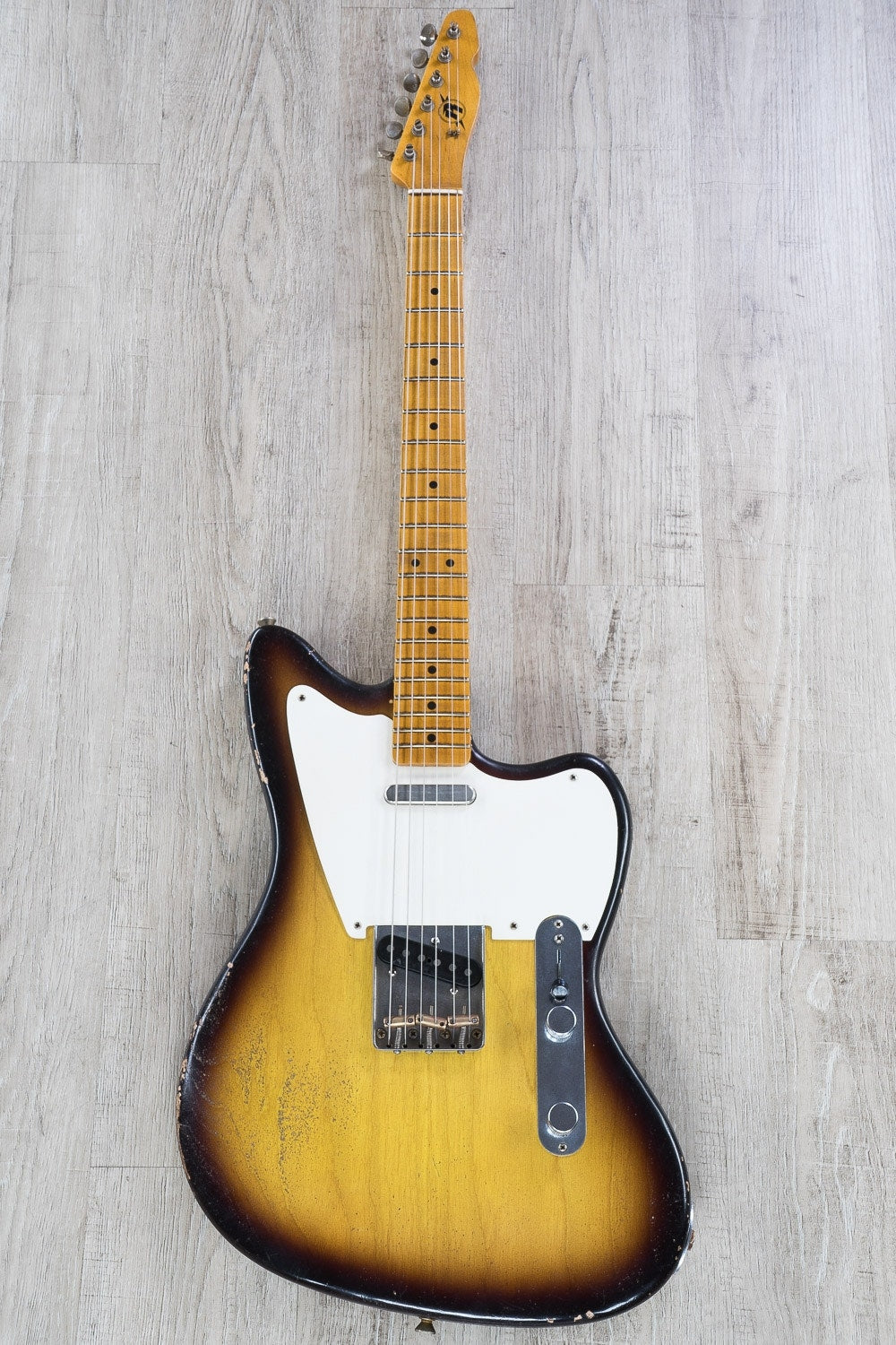 Rock N Roll Relics Jazz Bastard Electric Guitar, Maple Fingerboard, Medium Aged, Hard Case - Two Tone Burst (Tobacco)