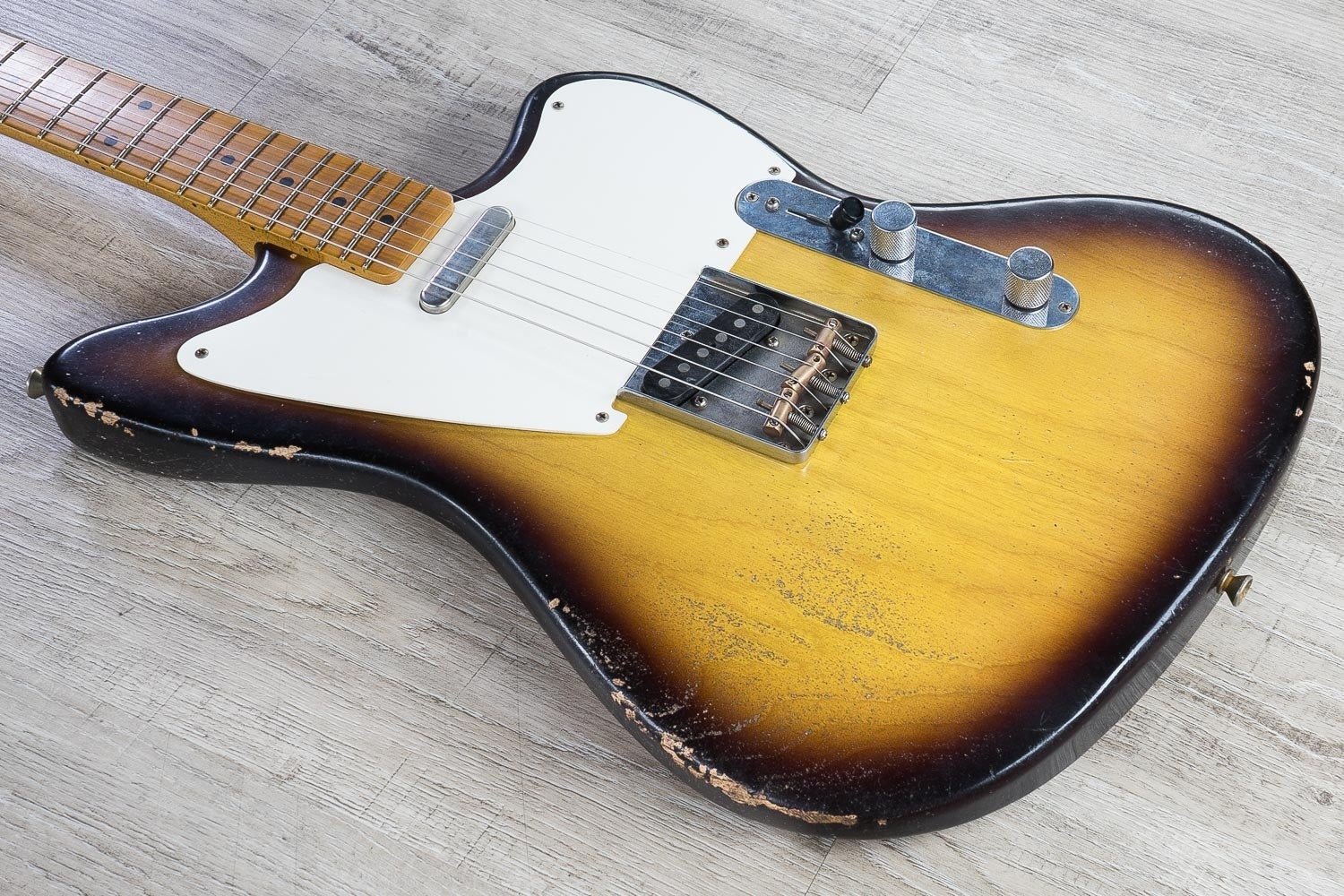 Rock N Roll Relics Jazz Bastard Electric Guitar, Maple Fingerboard, Medium Aged, Hard Case - Two Tone Burst (Tobacco)