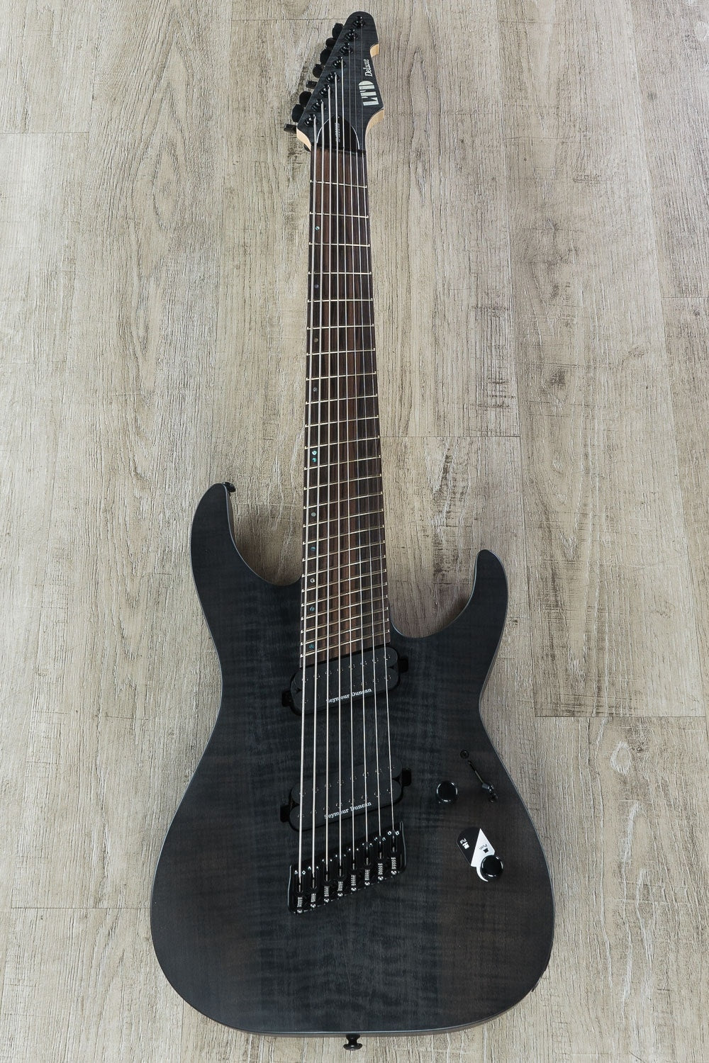 ESP LTD M-1008 Multi-Scale 8-String Electric Guitar, Flamed Maple Drop Top - See Thru Satin Black