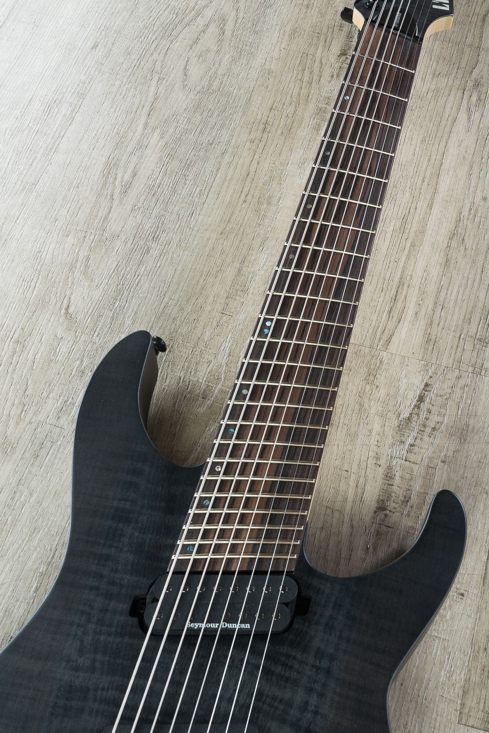 ESP LTD M-1008 Multi-Scale 8-String Electric Guitar, Flamed Maple Drop Top - See Thru Satin Black