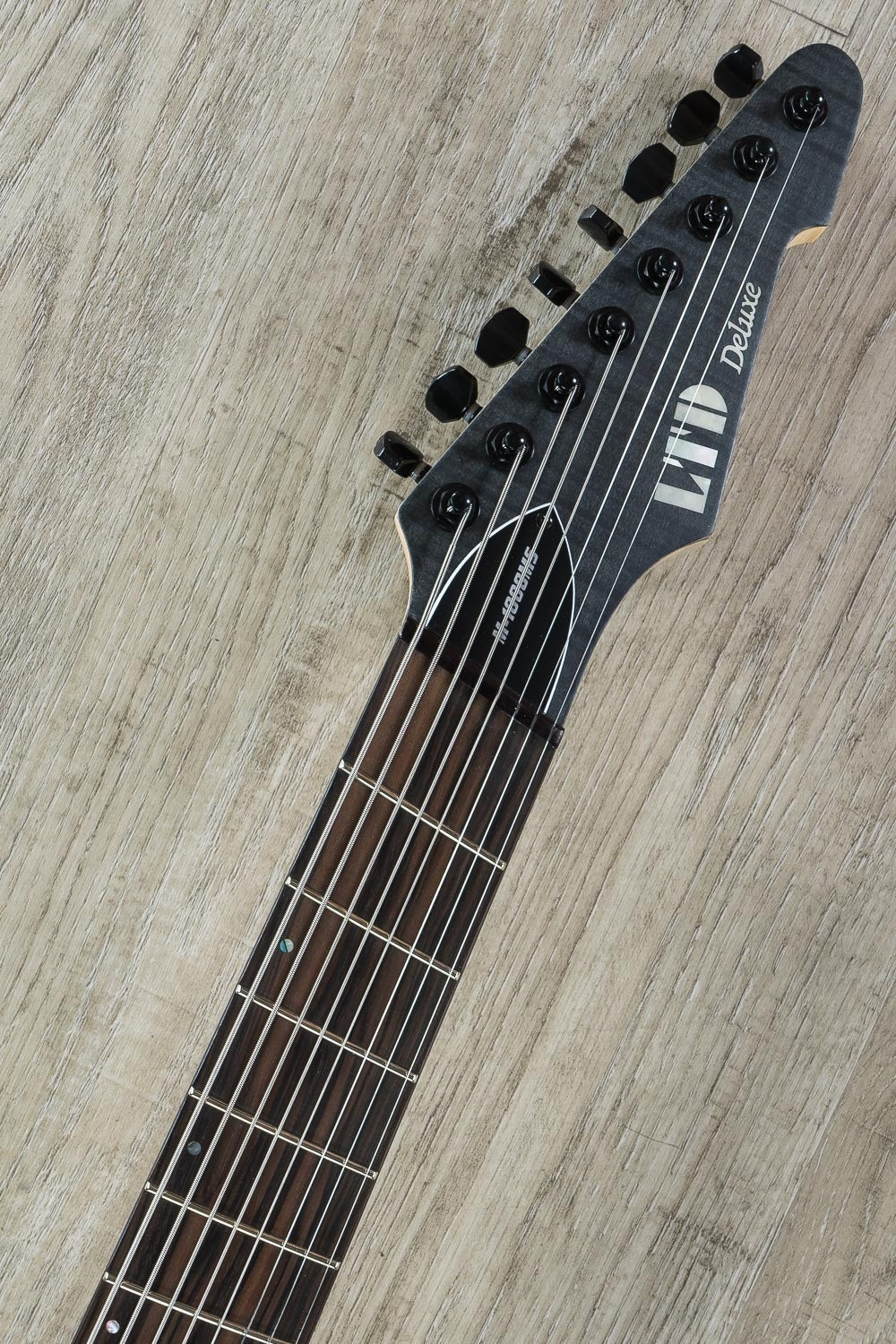 ESP LTD M-1008 Multi-Scale 8-String Electric Guitar, Flamed Maple Drop Top - See Thru Satin Black