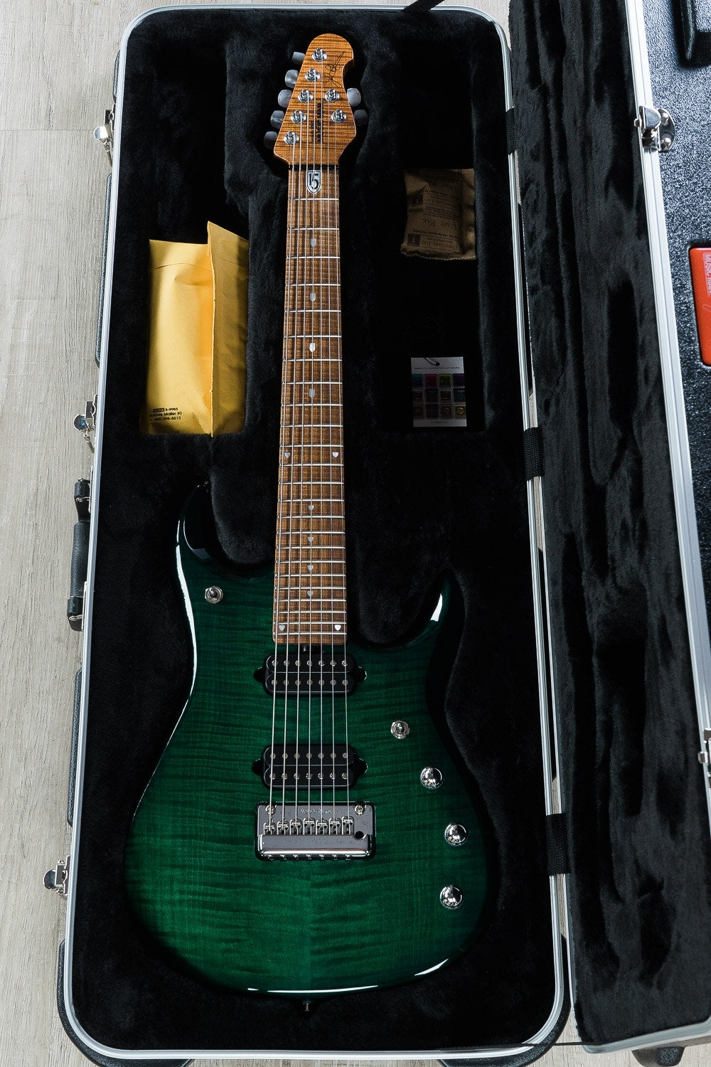 Ernie Ball Music Man JP15 John Petrucci 7-String Electric Guitar, Roasted Figured Maple Neck, Hard Case - Flame Teal Burst