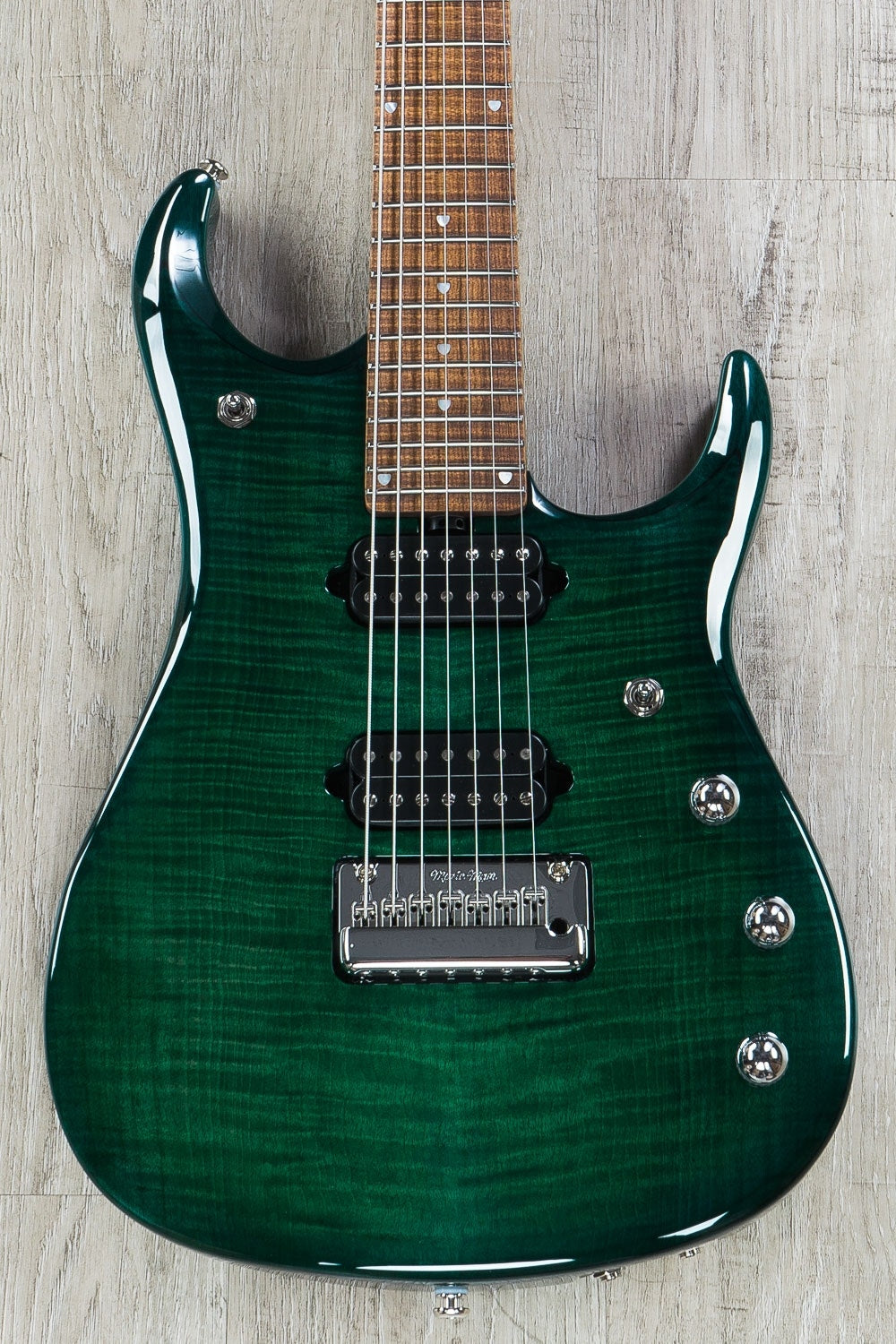 Ernie Ball Music Man JP15 John Petrucci 7-String Electric Guitar, Roasted Figured Maple Neck, Hard Case - Flame Teal Burst