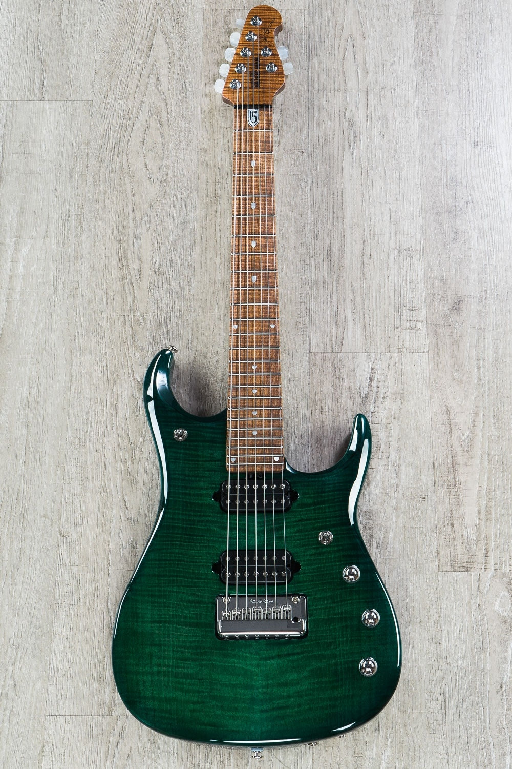 Ernie Ball Music Man JP15 John Petrucci 7-String Electric Guitar, Roasted Figured Maple Neck, Hard Case - Flame Teal Burst