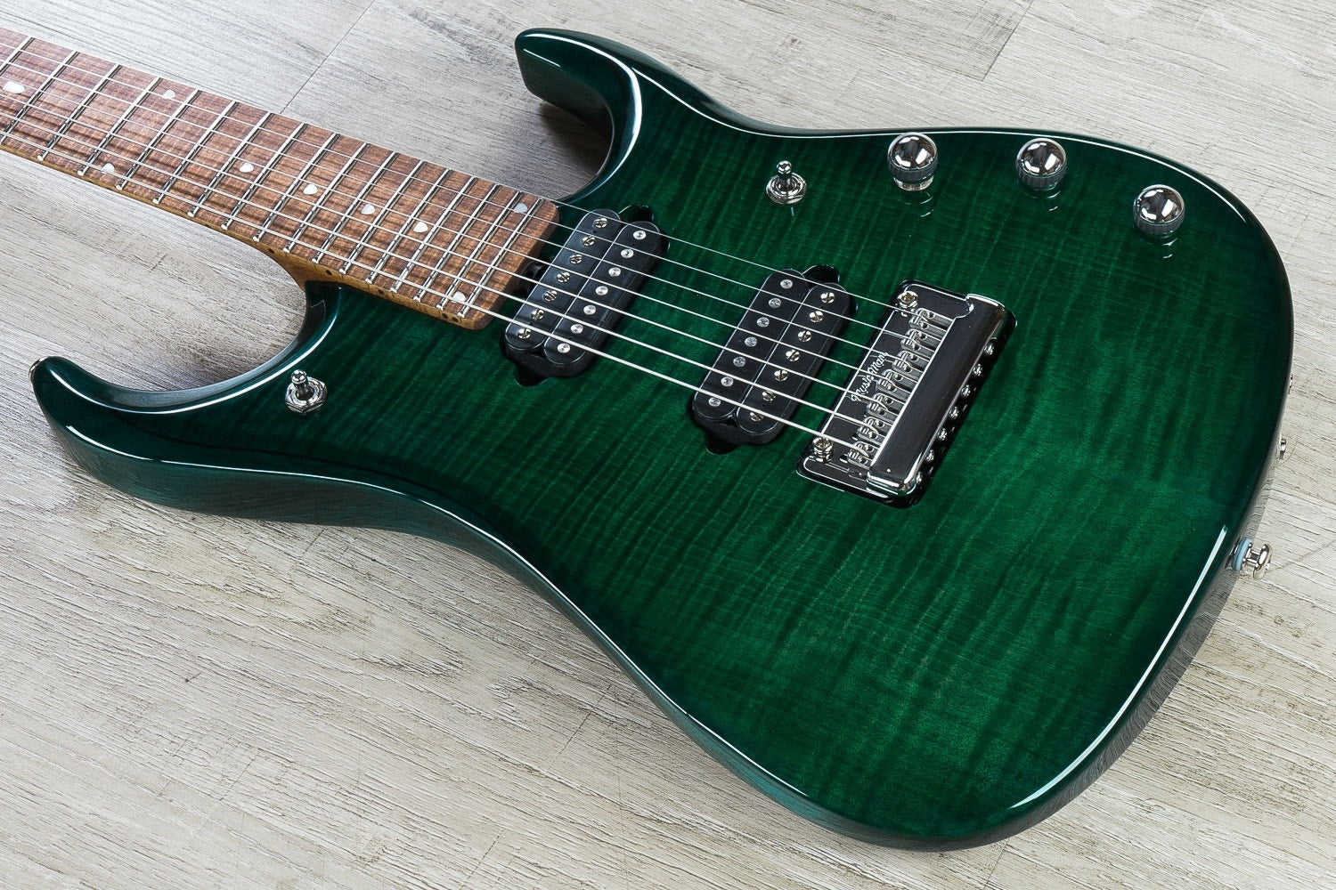 Ernie Ball Music Man JP15 John Petrucci 7-String Electric Guitar, Roasted Figured Maple Neck, Hard Case - Flame Teal Burst