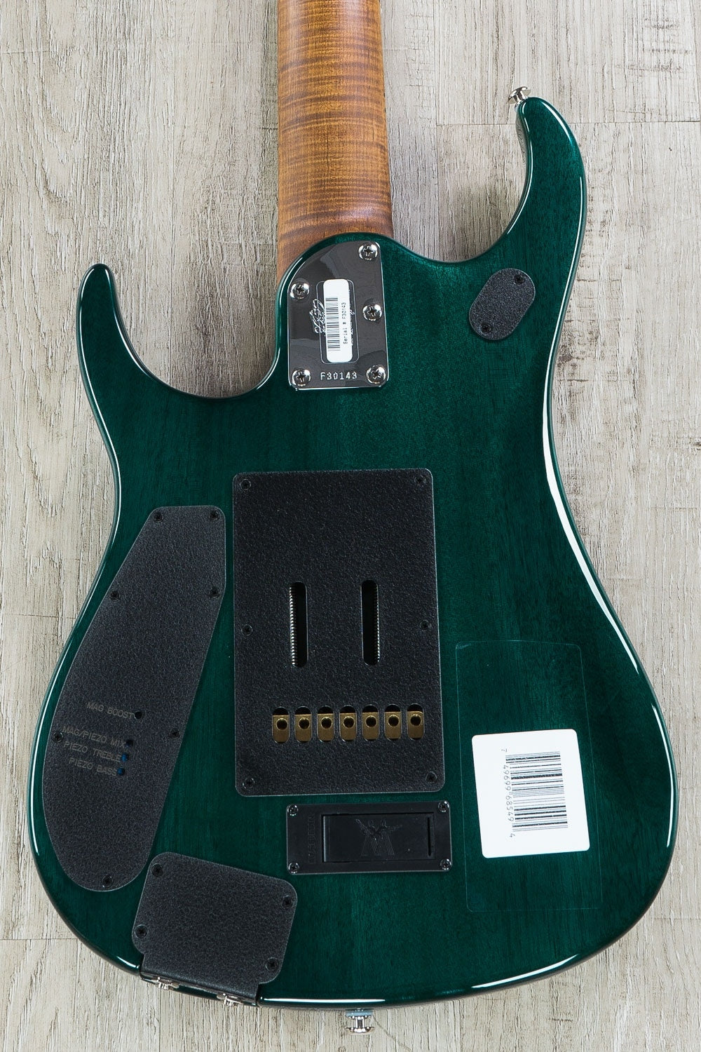 Ernie Ball Music Man JP15 John Petrucci 7-String Electric Guitar, Roasted Figured Maple Neck, Hard Case - Flame Teal Burst