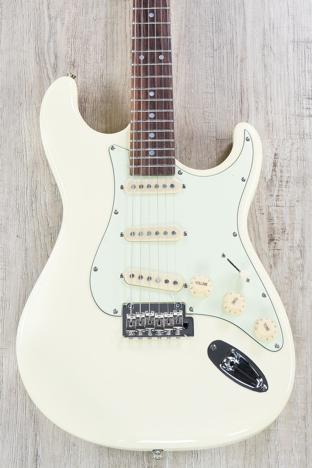 Tagima T-635 Classic Series Strat Style Electric Guitar, Rosewood Fretboard - Vintage White with Mintgreen
