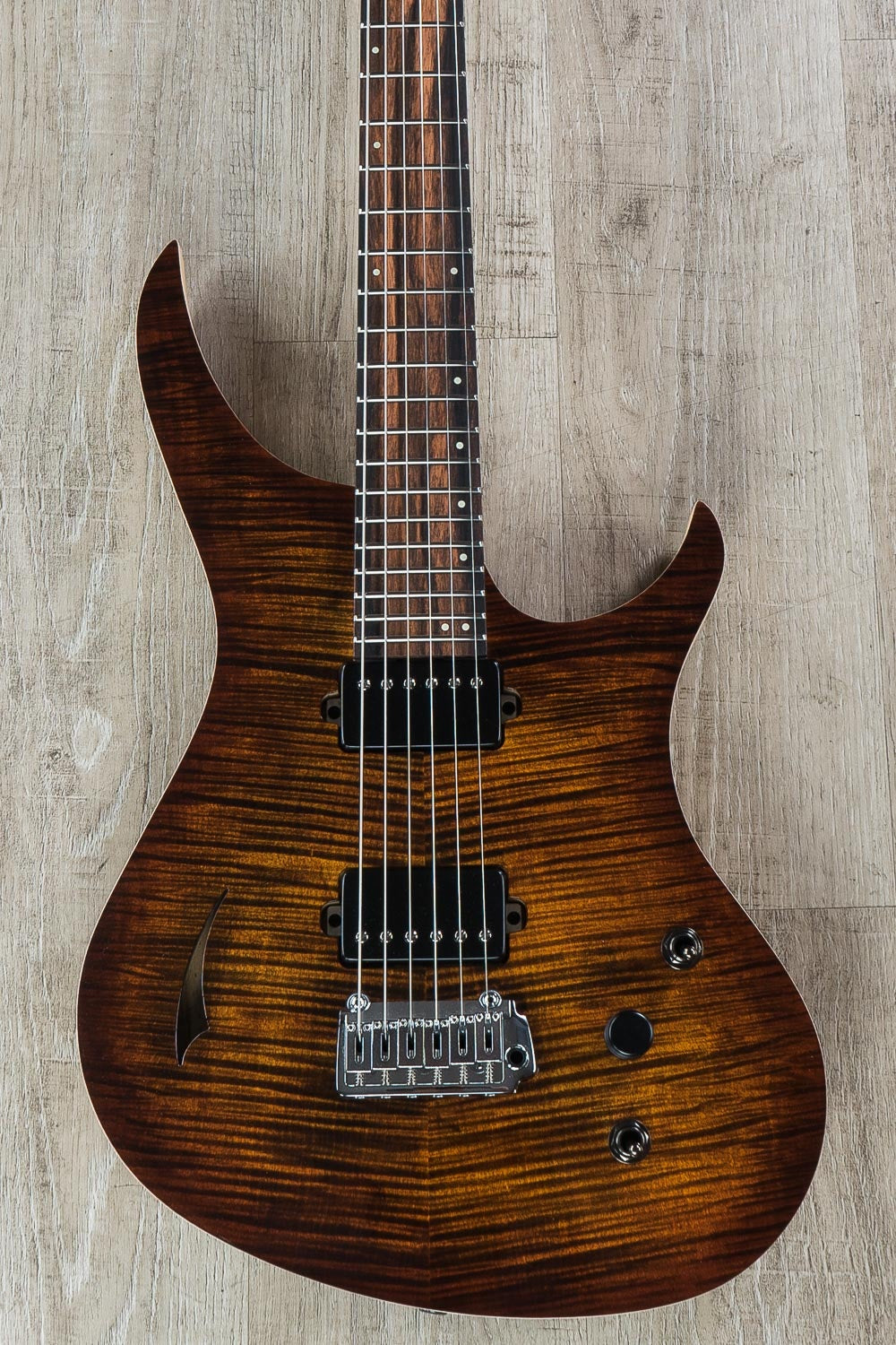 Skervesen 4AP Soul Semi-Hollow Electric Guitar, Flame Maple Top, Bare Knuckle Pickups - Black Gold Burst