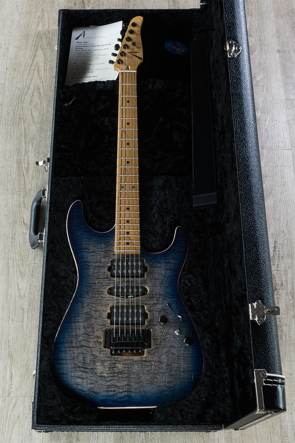 Anderson Guitarworks Drop Top Electric Guitar, Flame Maple Top, Roasted Maple Neck, Hard Case - Black to Blue Burst