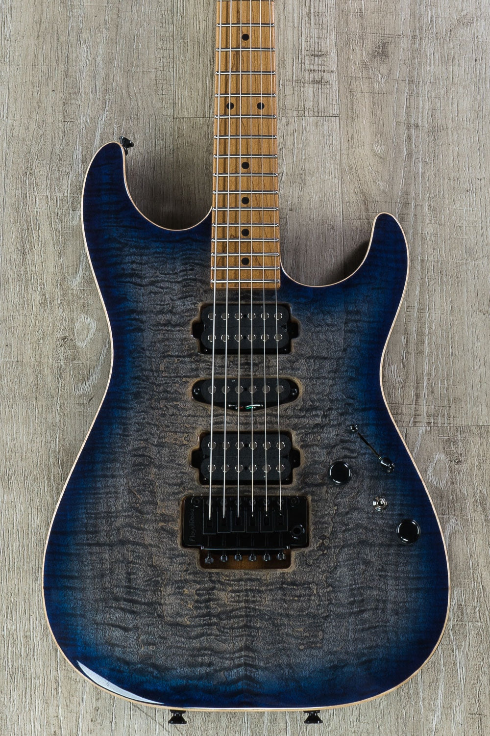 Anderson Guitarworks Drop Top Electric Guitar, Flame Maple Top, Roasted Maple Neck, Hard Case - Black to Blue Burst