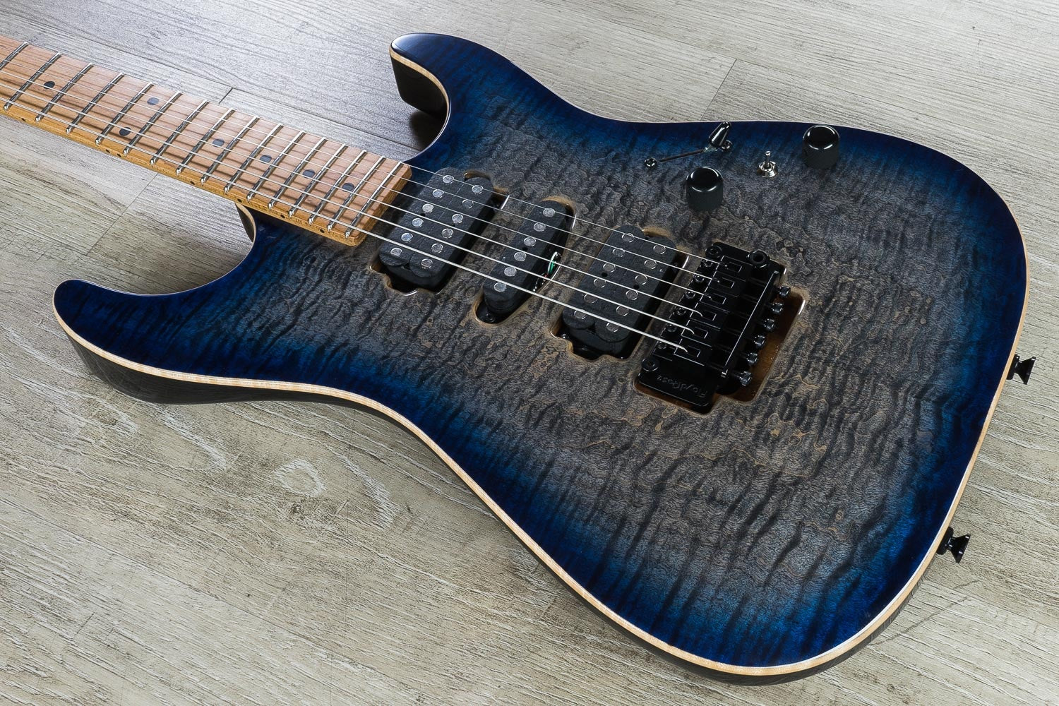 Anderson Guitarworks Drop Top Electric Guitar, Flame Maple Top, Roasted Maple Neck, Hard Case - Black to Blue Burst