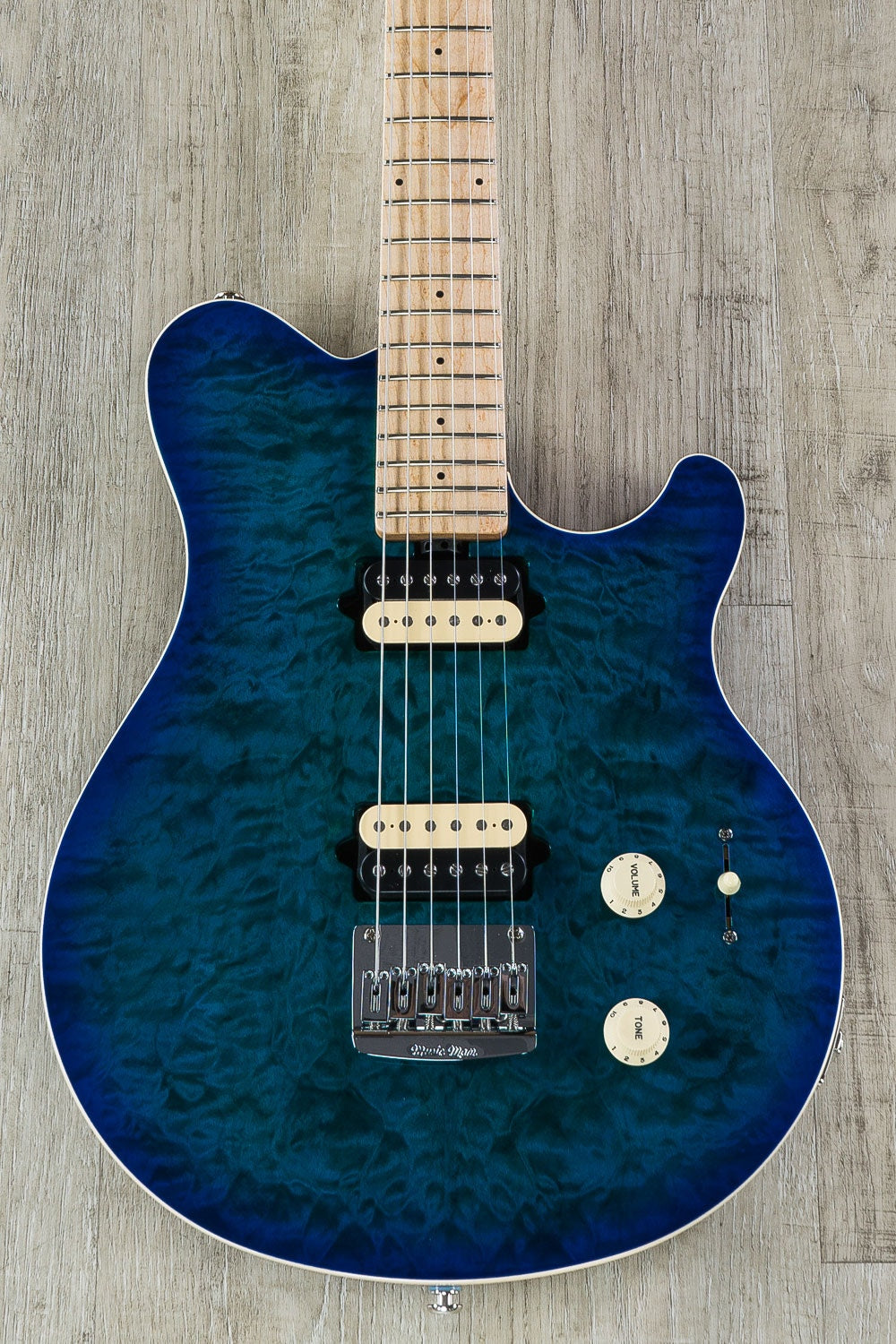 Ernie Ball Music Man Axis Super Sport Electric Guitar, Maple Neck with Matching Headstock, Hard Case - Balboa Blue Burst Quilt