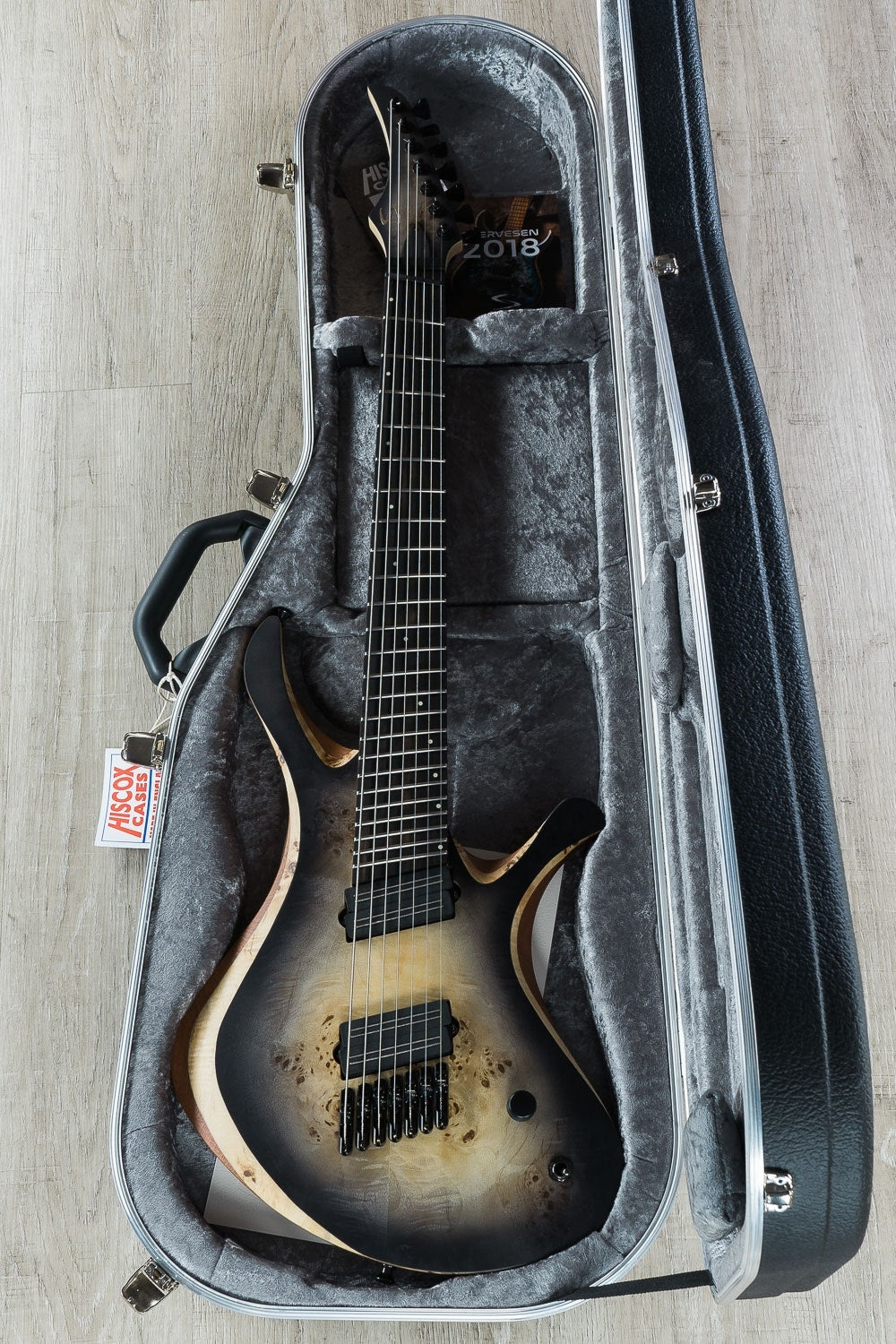 Skervesen Swan 7 FF 7-String Fanned Fret Electric Guitar, Poplar Burl Top, Hard Case - Black Burst
